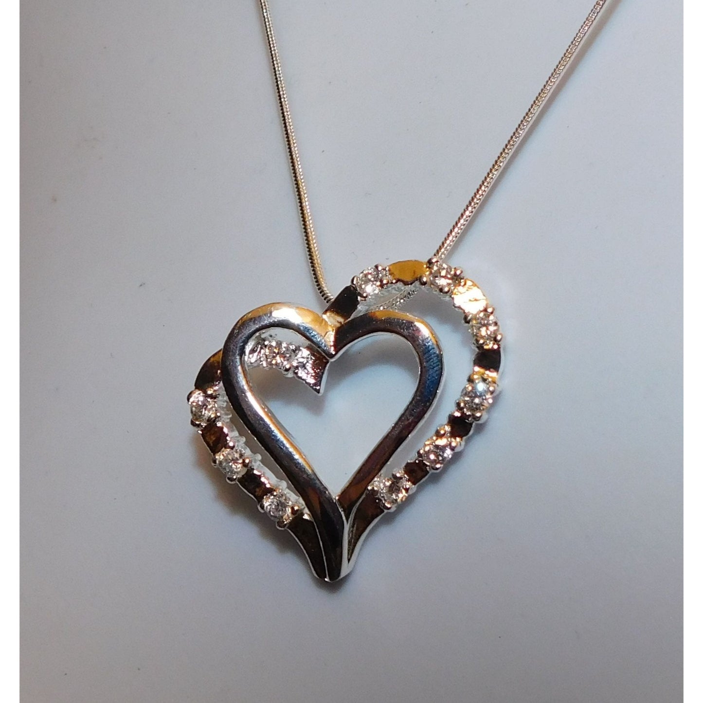 Elegant Romantic Sterling Silver Double Heart Necklace With Gem Accents