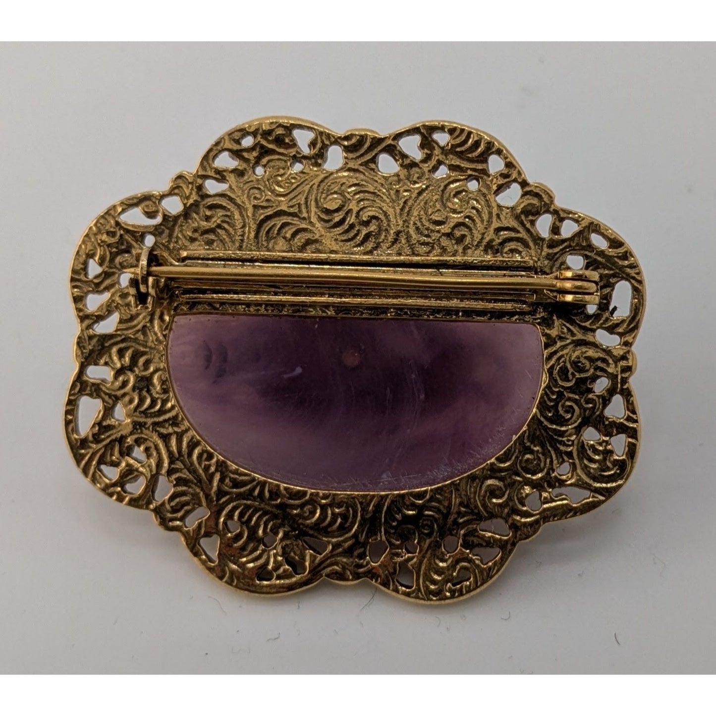 Vintage Regency-Style Ornate Brooch With Purple Stone Faux Pearl And Gold-Tone Filigree Accented With Rhinestone