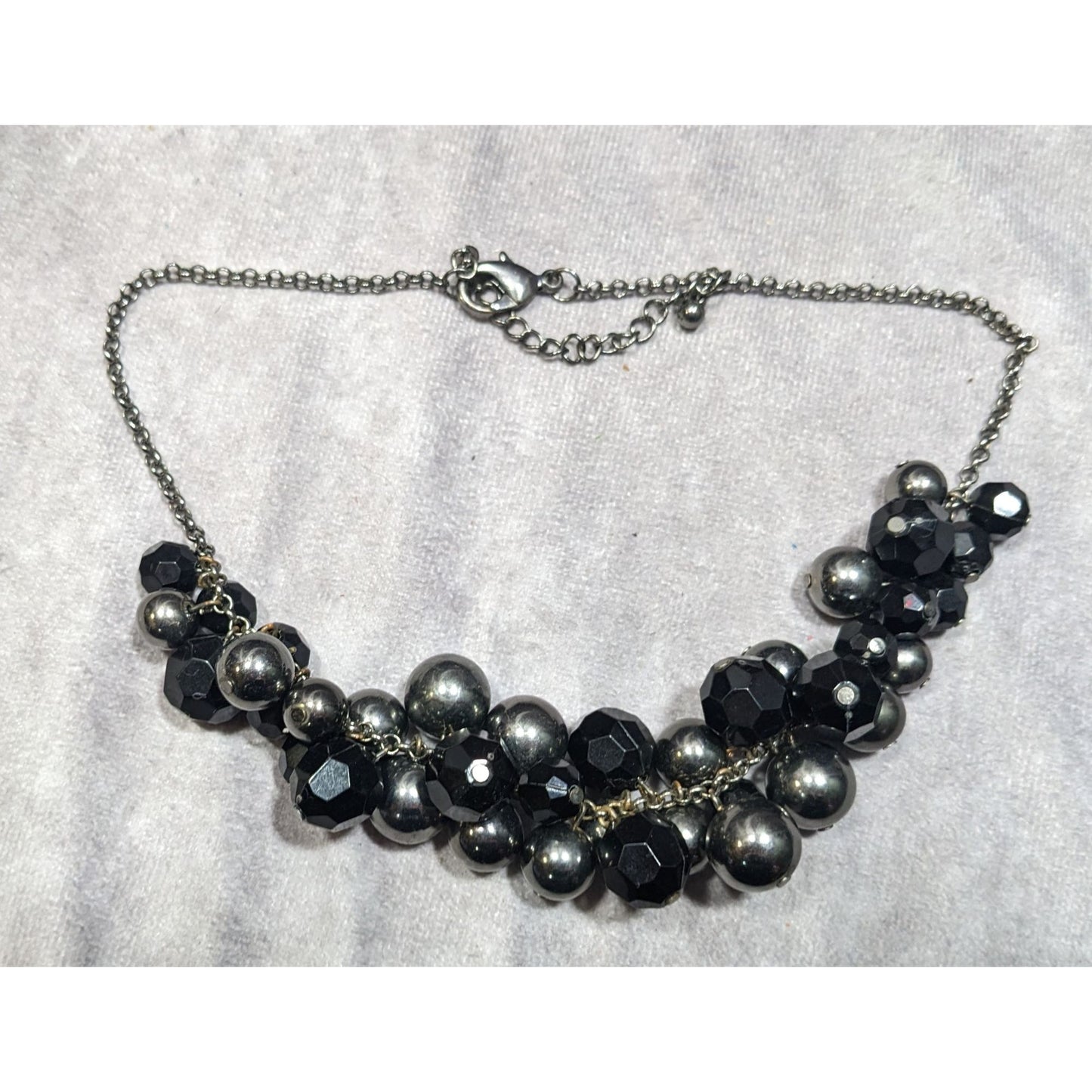 Glam Goth Black And Silver Tone Beaded Cluster Necklace