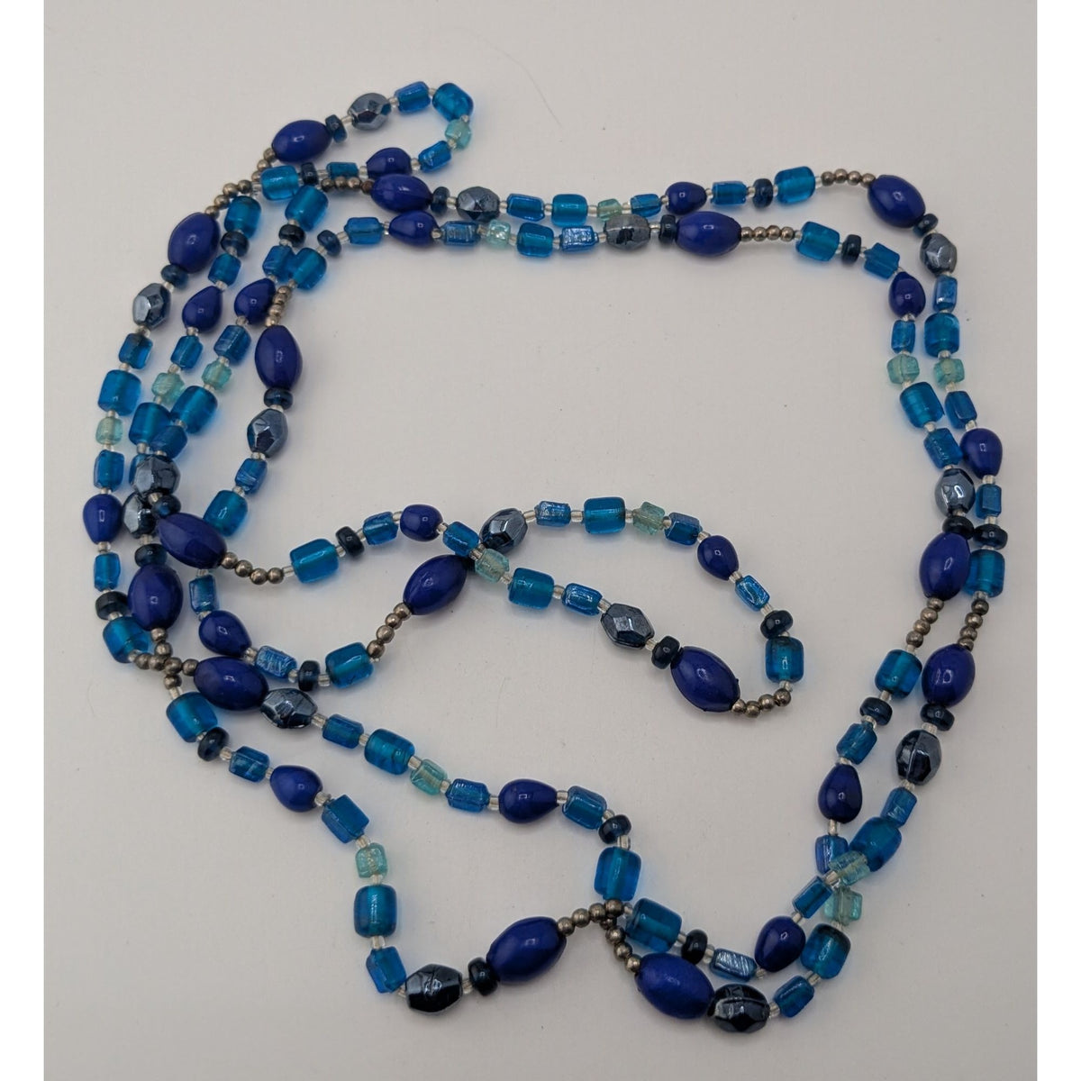Boho Y2K Long Blue Glass Beaded Necklace Cobalt Aqua Mixed Beads