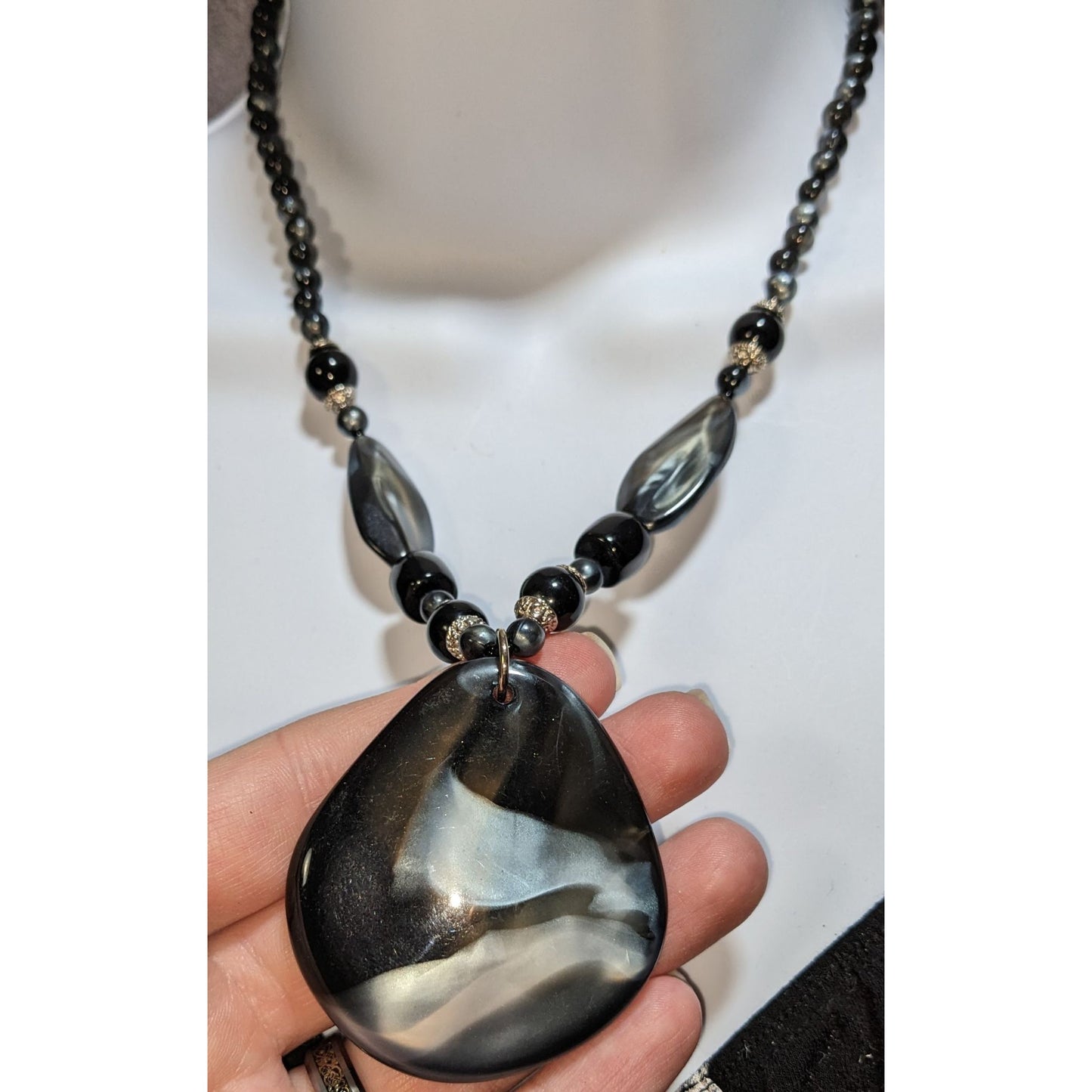 Black Lucite Statement Pendant Necklace Marbled Acrylic Beaded Modern Art Jewelry