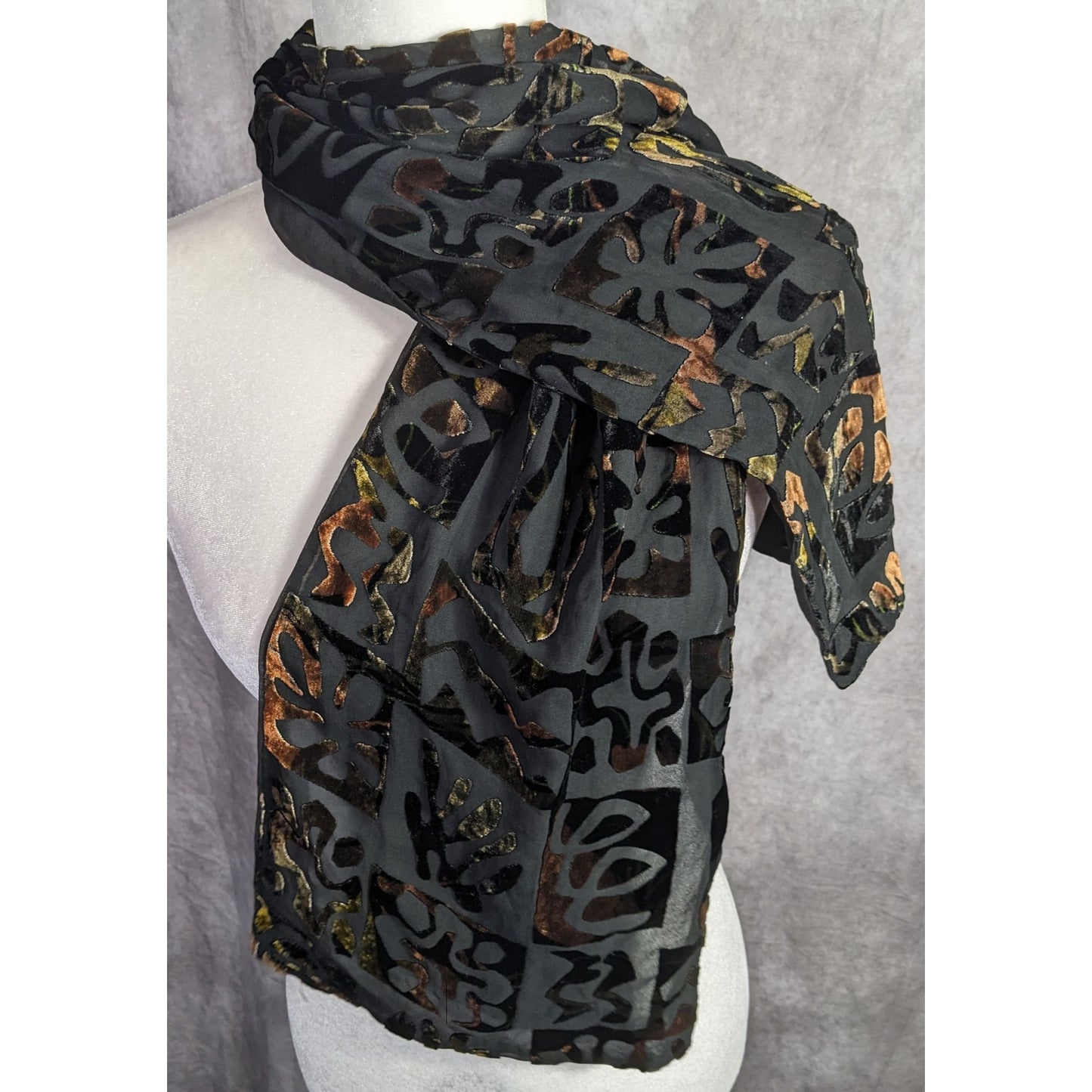 Vintage Burnt Velvet Floral Scarf Hawaiian-Inspired Black & Earth Tones