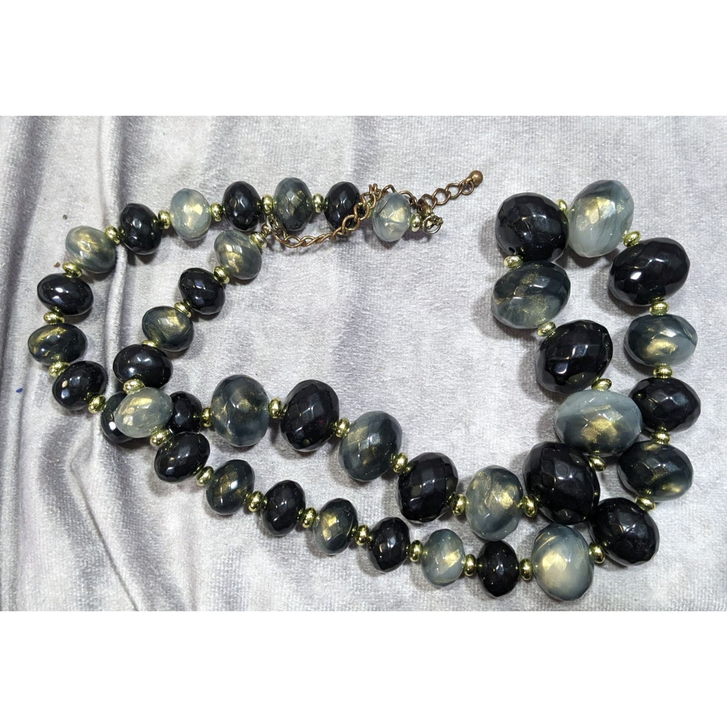 Whimsical Black And Grey Acrylic Beaded Necklace With Gold Tone Shimmer