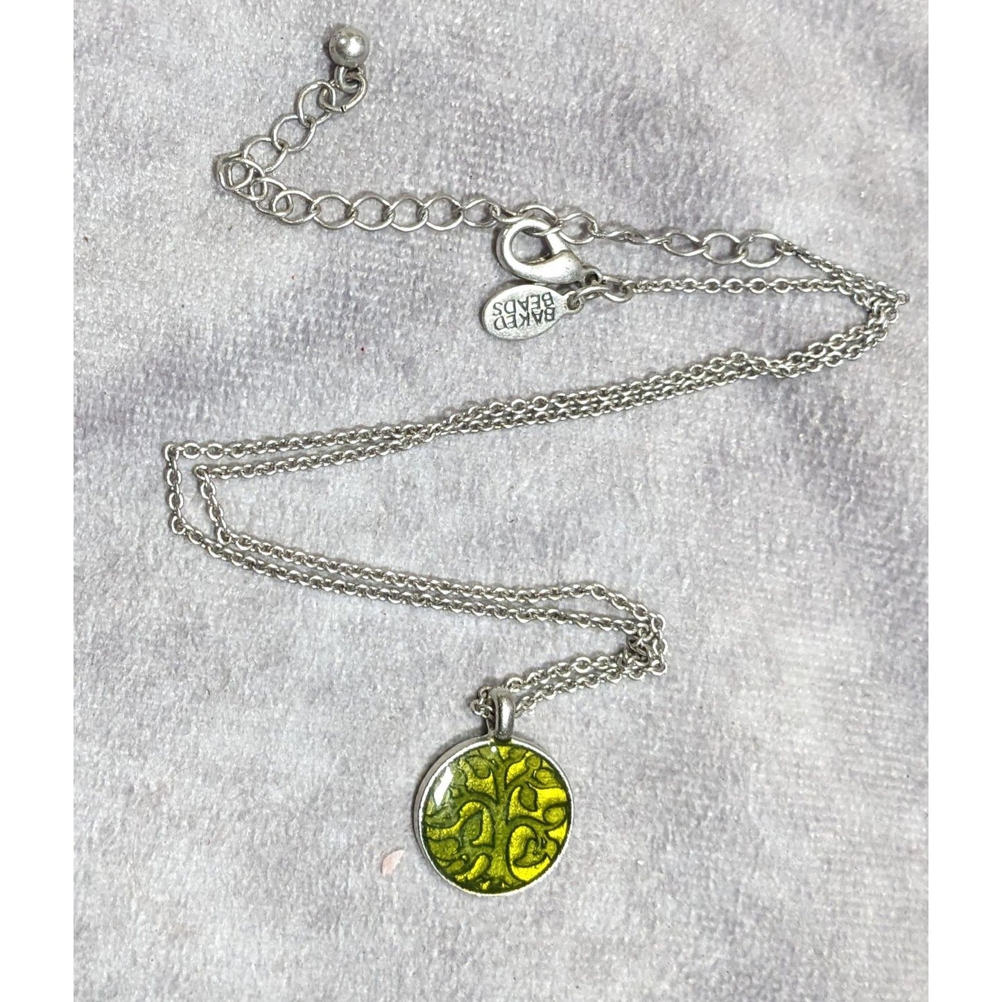Baked Beads Floral Reversible Green And Silver Tone Pendant Necklace