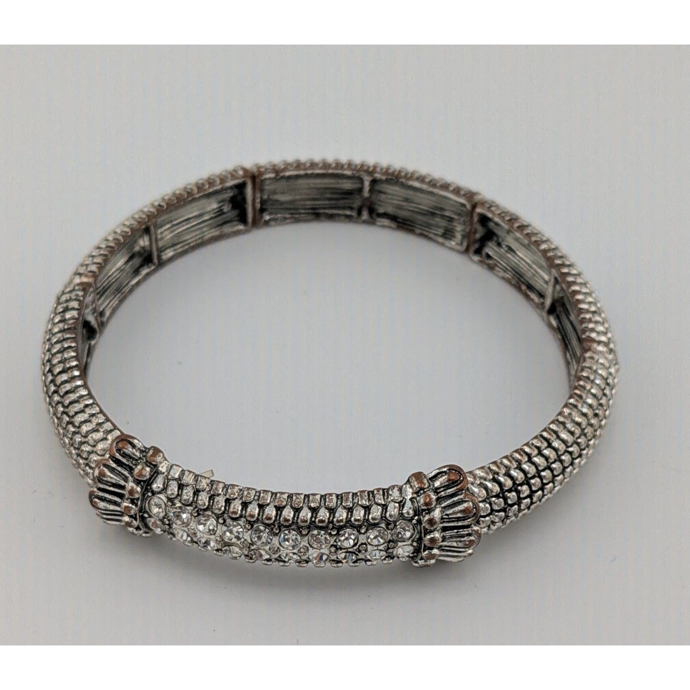 Elegant Glam Silver Tone Stretch Bracelet With Gem Accents