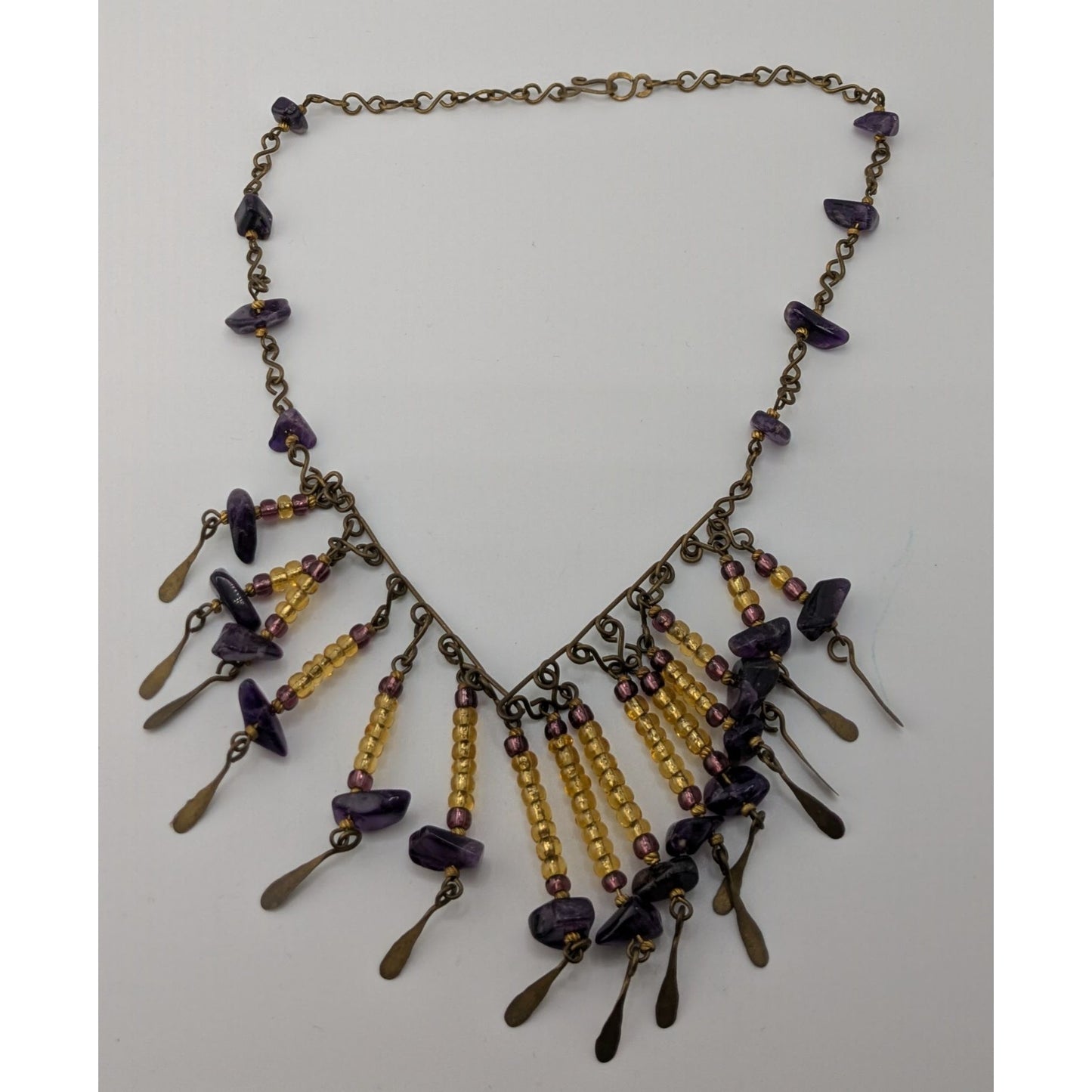 Vintage Bohemian Handmade Amethyst & Glass Beaded Necklace With Brass Accents