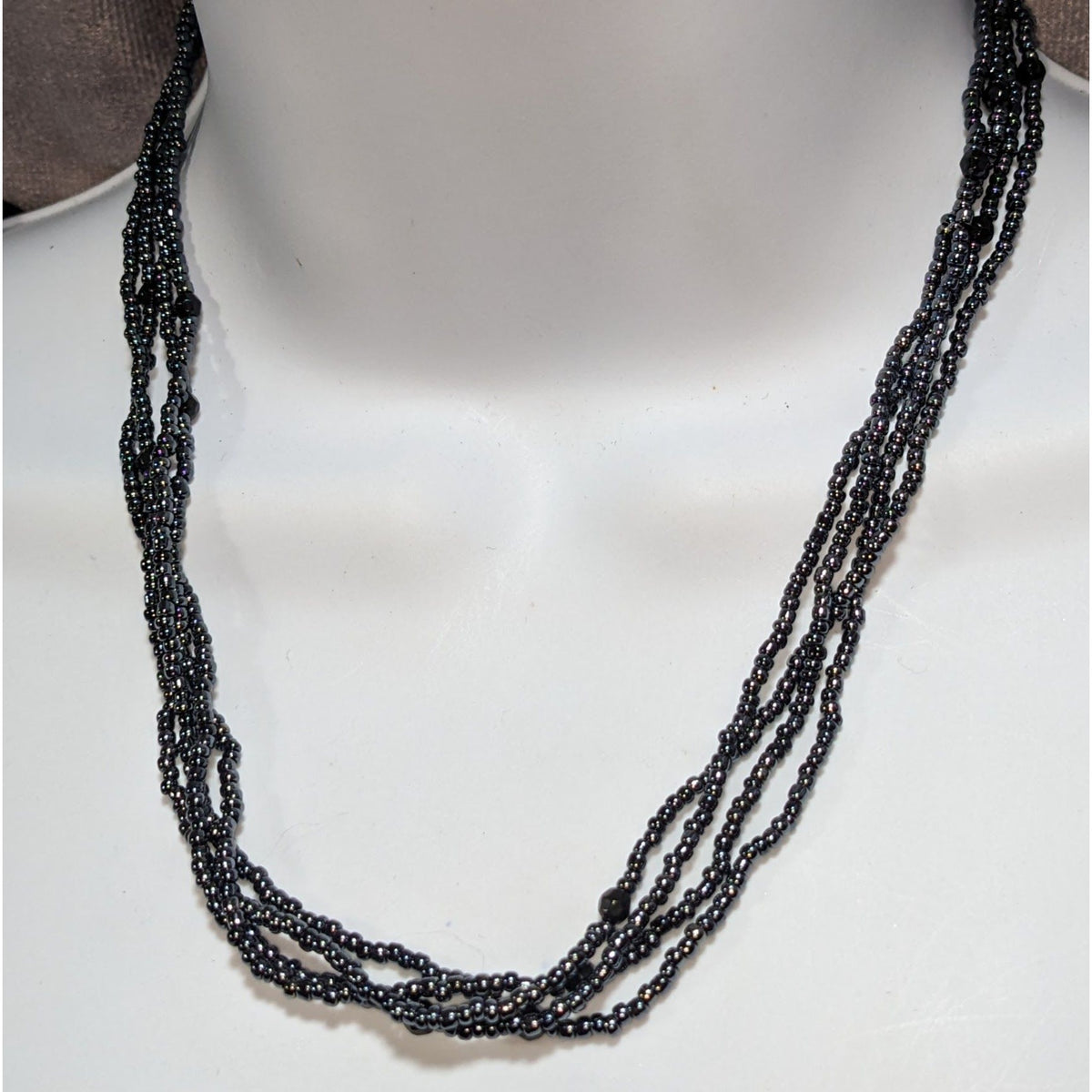 Gothic Glam Black Glass Beaded Multistrand Necklace Layered Gunmetal Statement