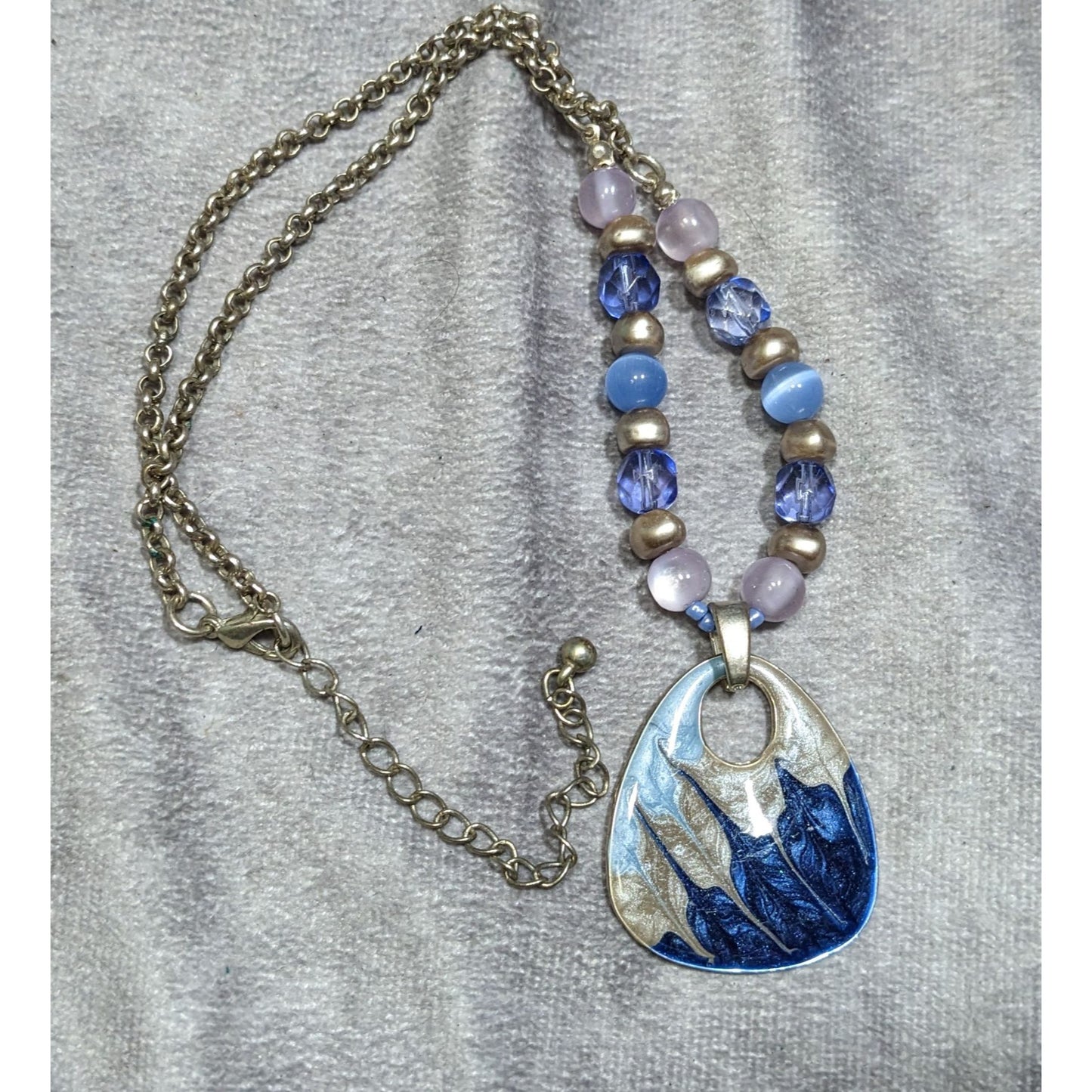 Abstract Beaded Necklace With Blue And Silver Tone Enamel Pendant