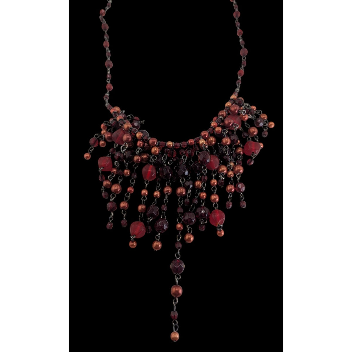 Gothic Vampire Glam Fringe Red Black Beaded Statement Necklace