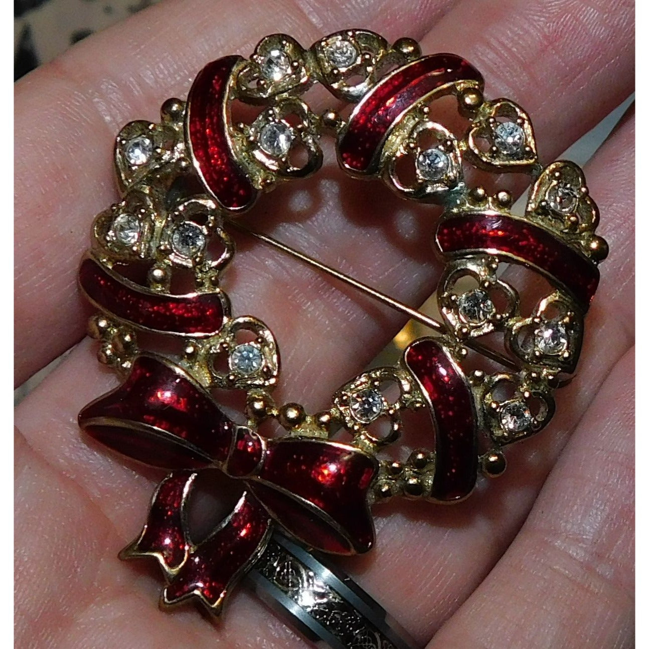 Vintage Hearts And Bows Wreath Brooch With Rhinestones