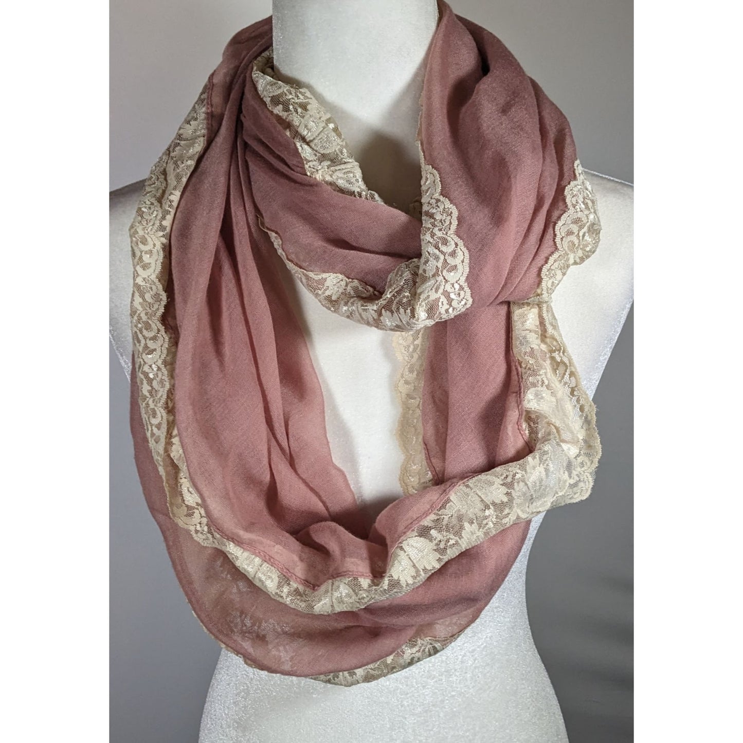 BP Coquette Victorian Rose Pink Infinity Scarf With Cream Floral Lace Trim
