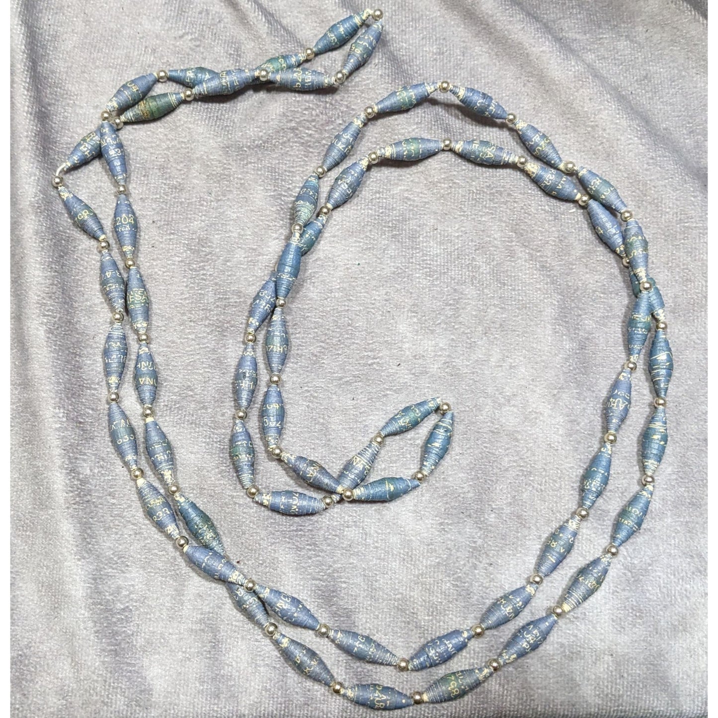 Vintage Blue Wrapped Paper Beaded Necklace With Silver Tone Accents