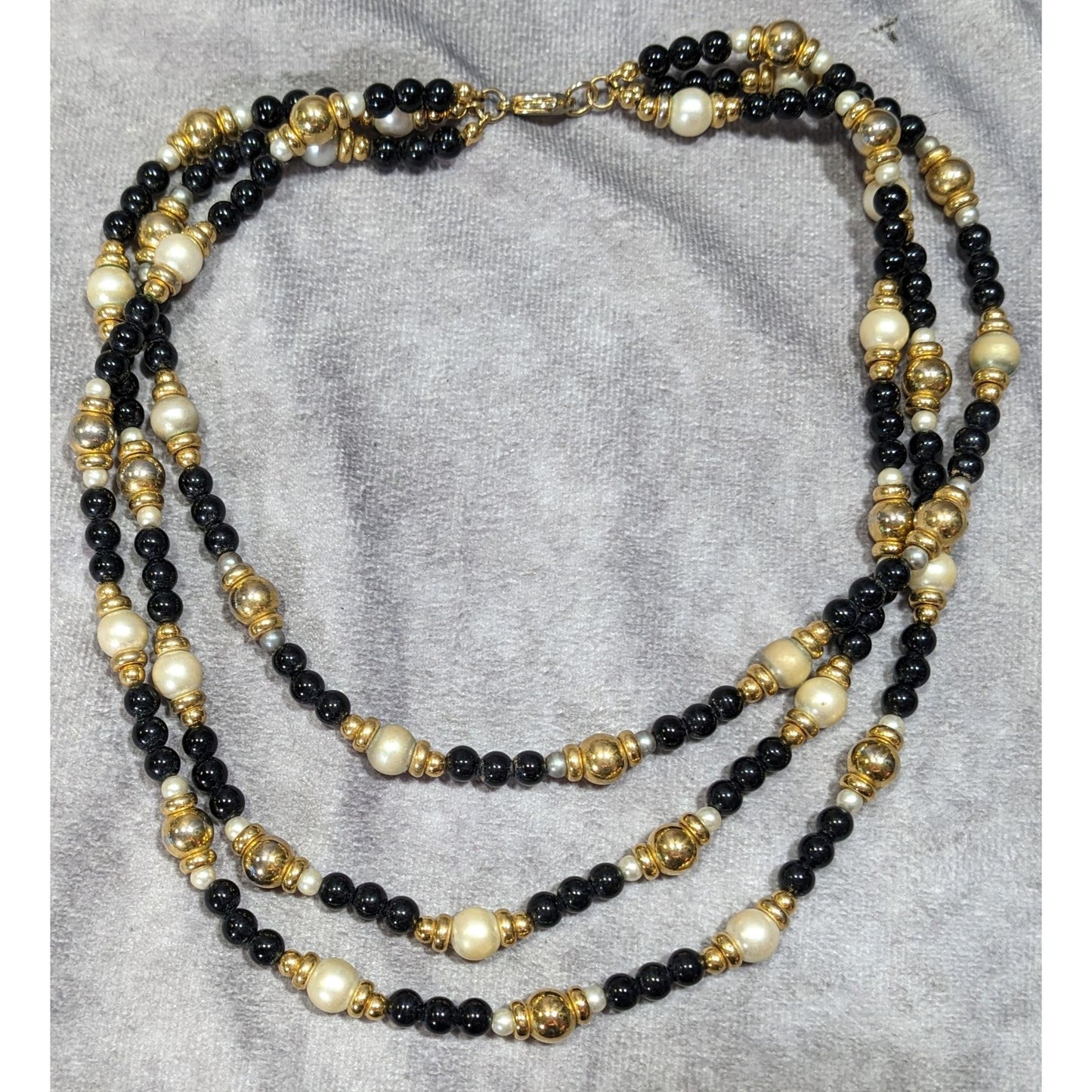 Elegant Glam Black Gold And Silver Tone Layered Beaded Necklace