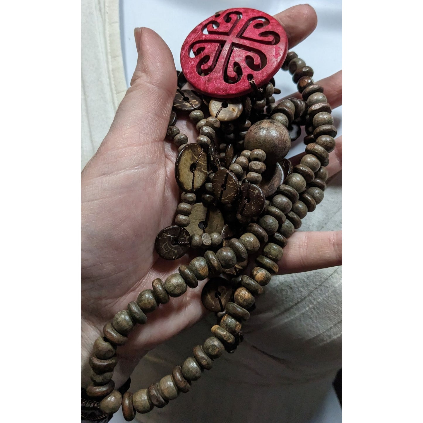 Paparazzi Jungle Jive Boho Multilayer Wooden Beaded Necklace With Red Carved Pendant