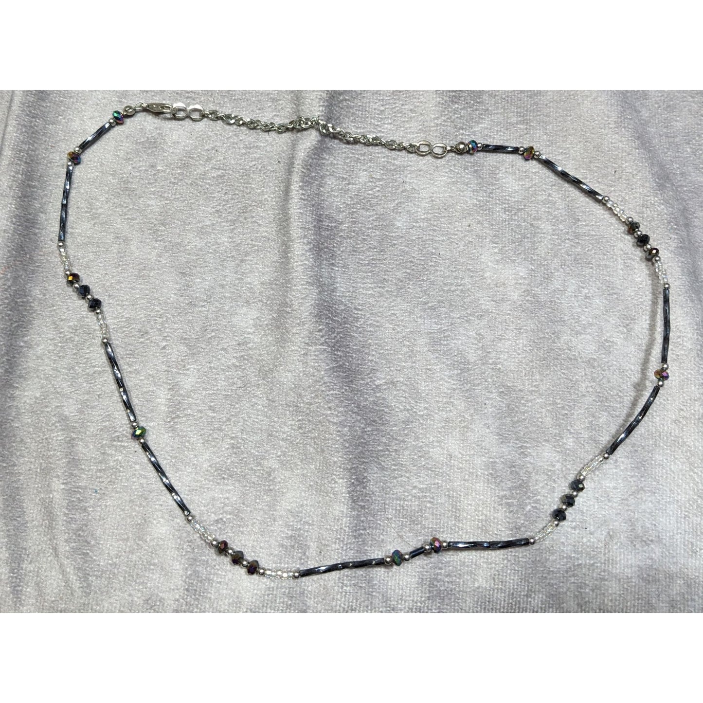 Delicate Silver Tone & Black Twisted Tube Crystal Beaded Necklace
