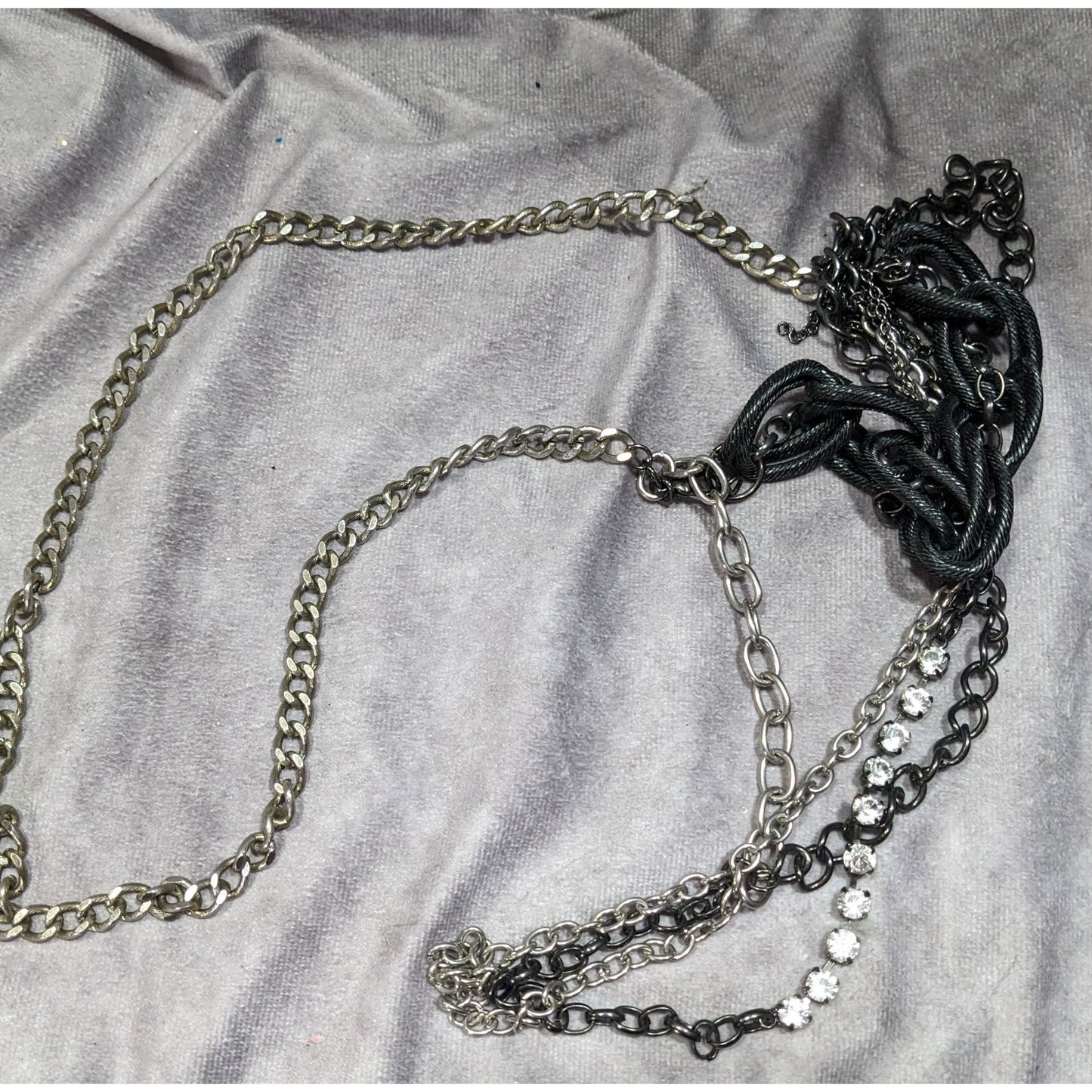 Glam Goth Black And Silver Tone Abstract Chain Necklace With Rhinestone Accents