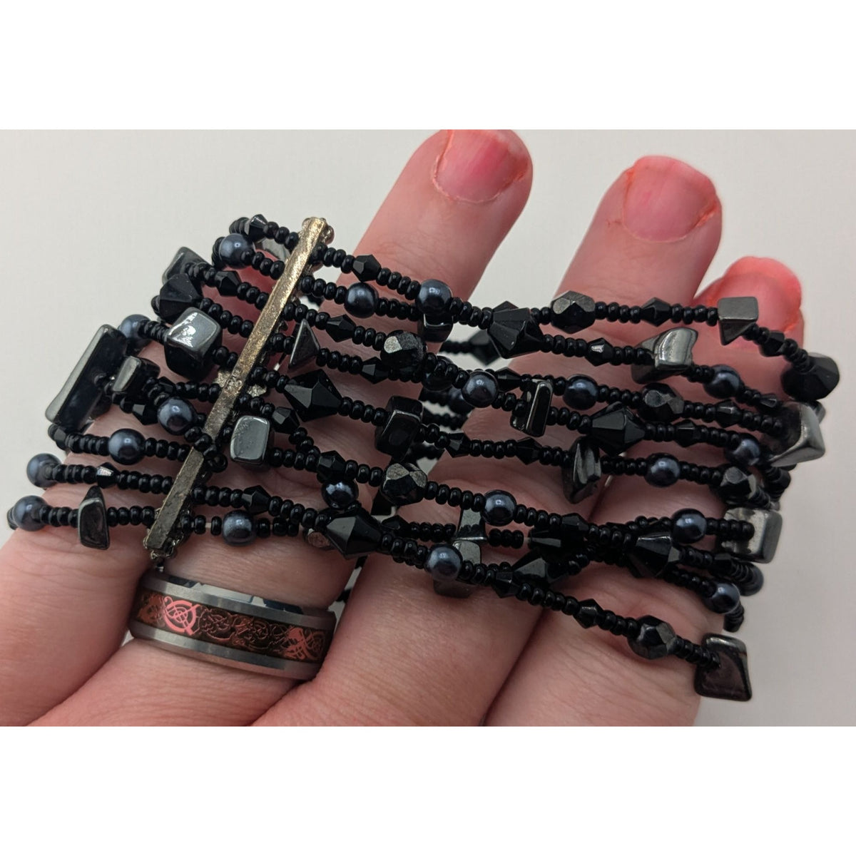 Goth Black Multistrand Beaded Bracelet Glass Geometric Statement Cuff