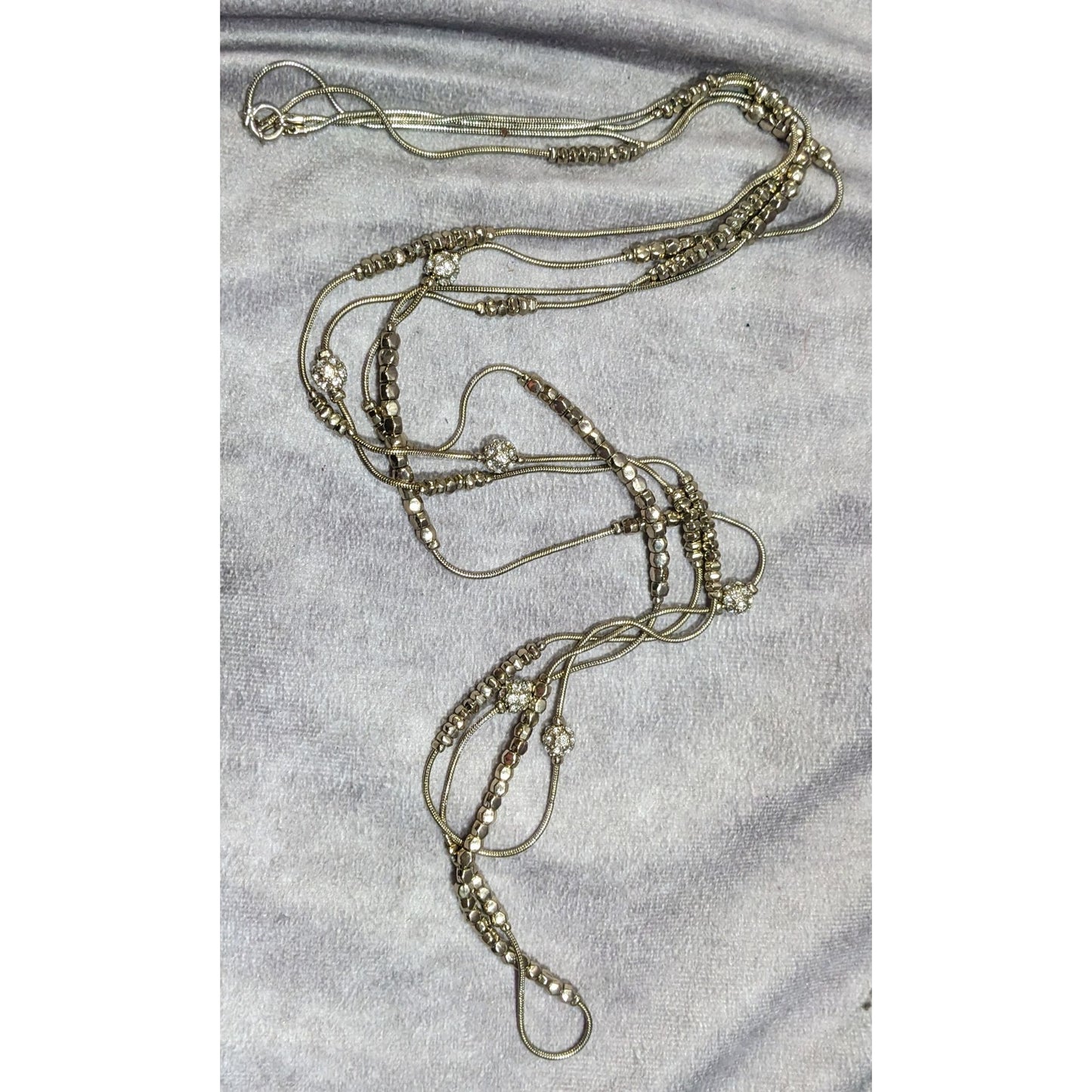 Elegant Glam Silver Tone Bead And Rhinestone Layered Station Necklace