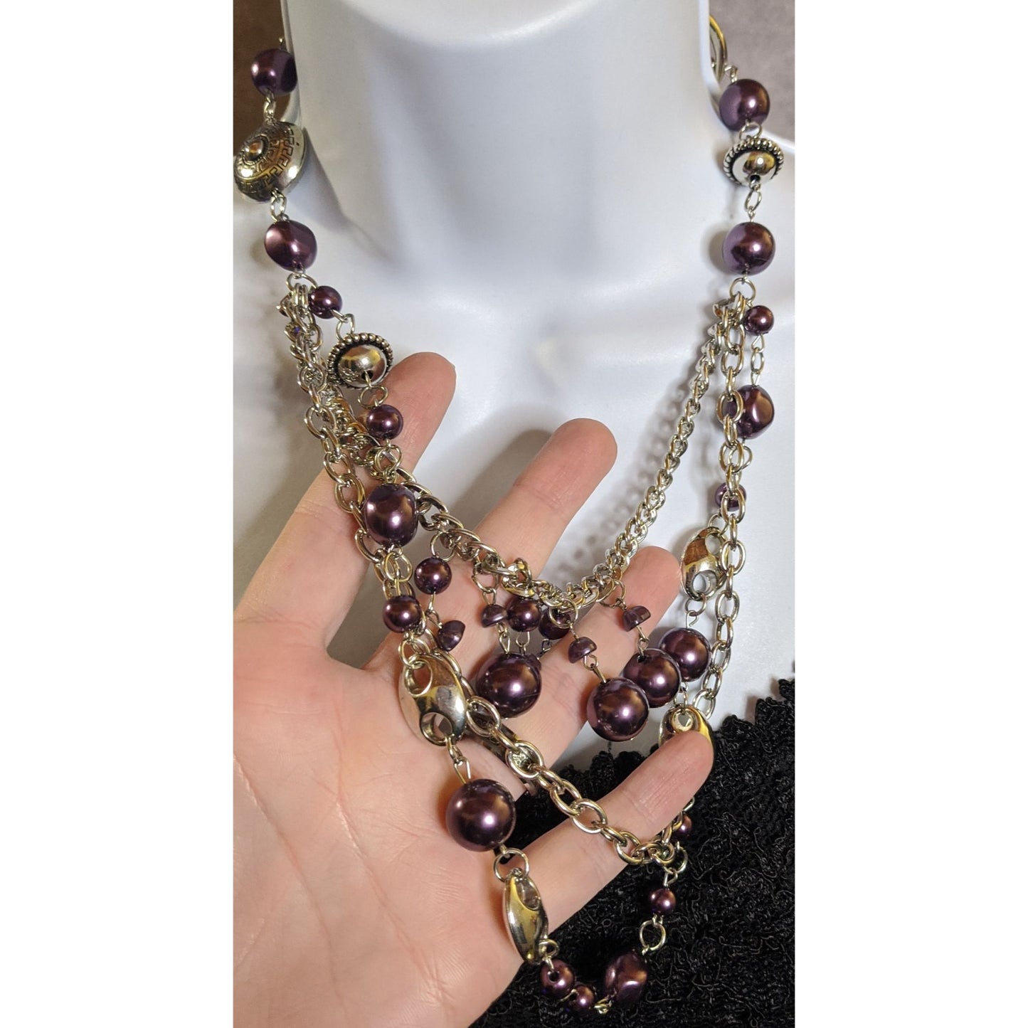 Bohemian Multi-Layered Purple Faux Pearl And Silver Tone Chain Necklace