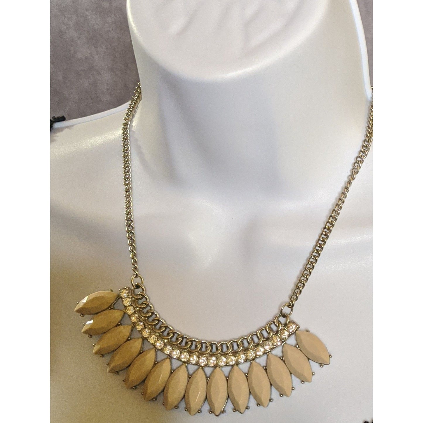 Elegant Silver Tone Statement Necklace With Cream Marquise Accents & Rhinestones