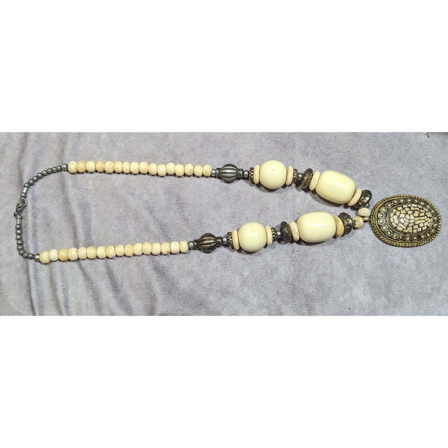 Vintage Bohemian Varved Cow Bone And Metal Necklace