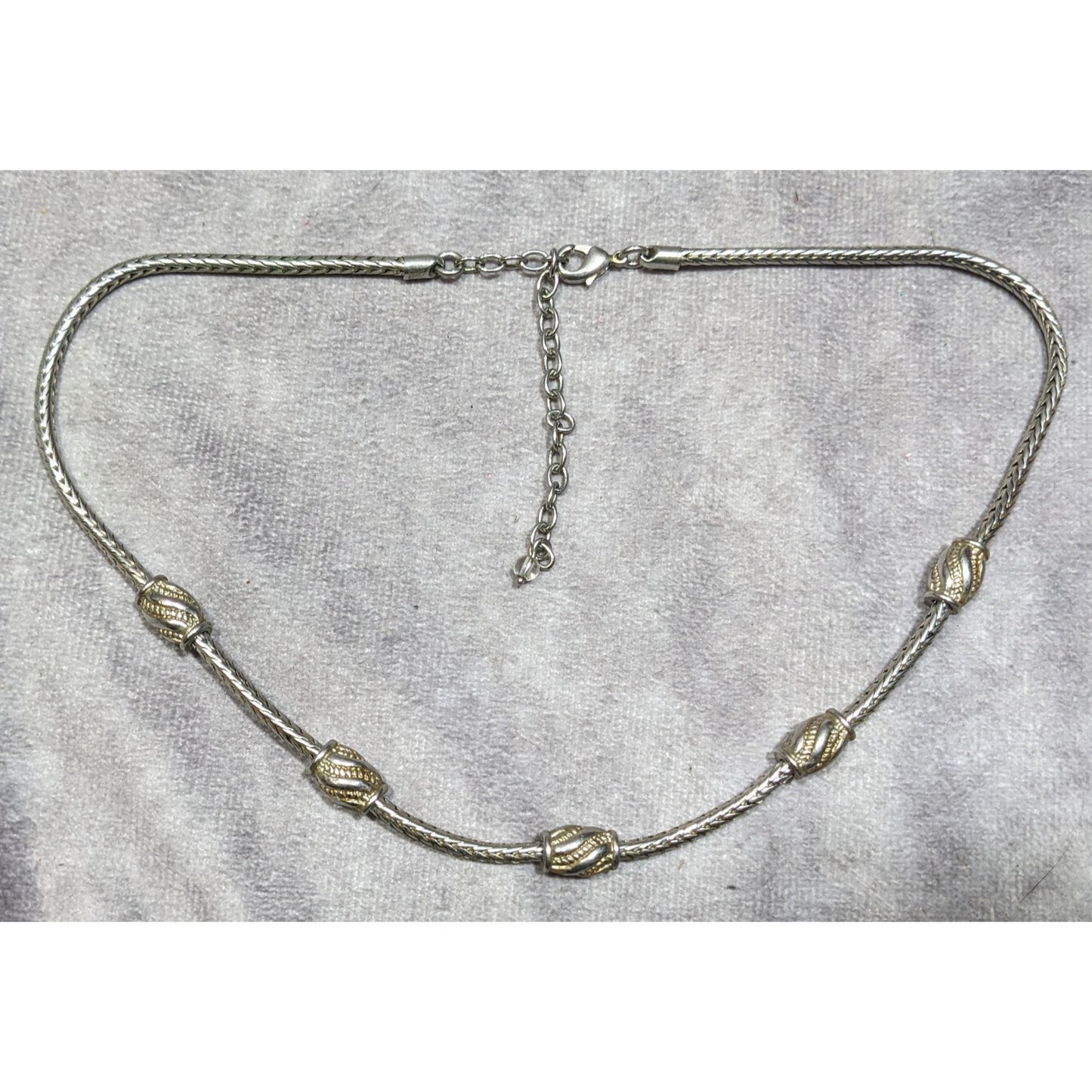 Modernist Metallic Silver Tone Station Necklace On Snake Chain