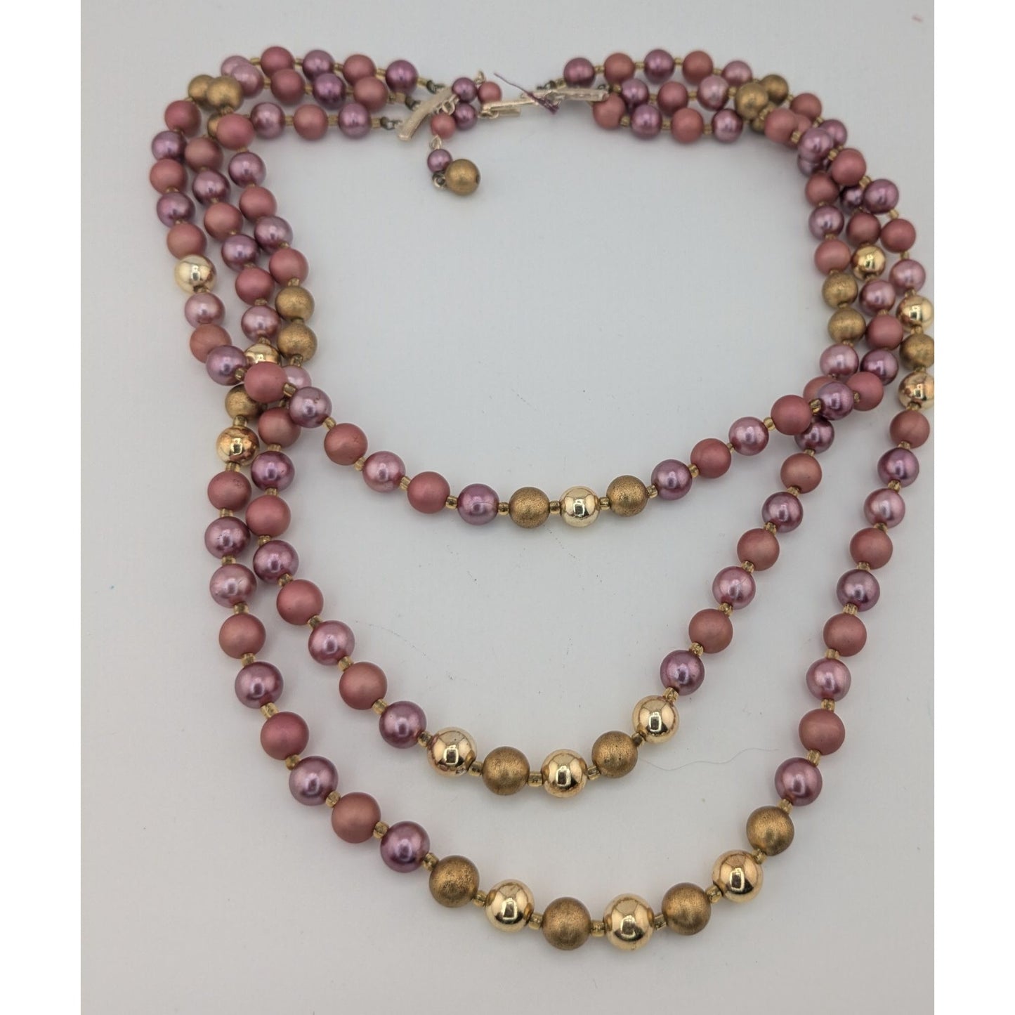 Vintage 3-Strand Rose & Gold Beaded Necklace Japan