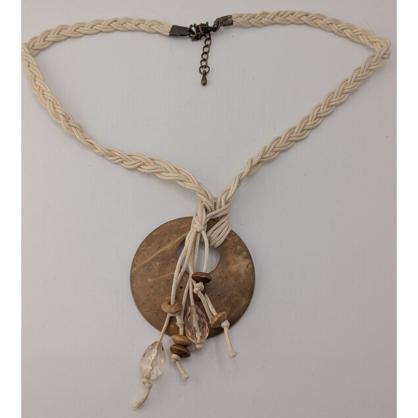 Boho Rustic Coconut Shell Pendant Necklace Braided Cord Crystal Bead Fringe