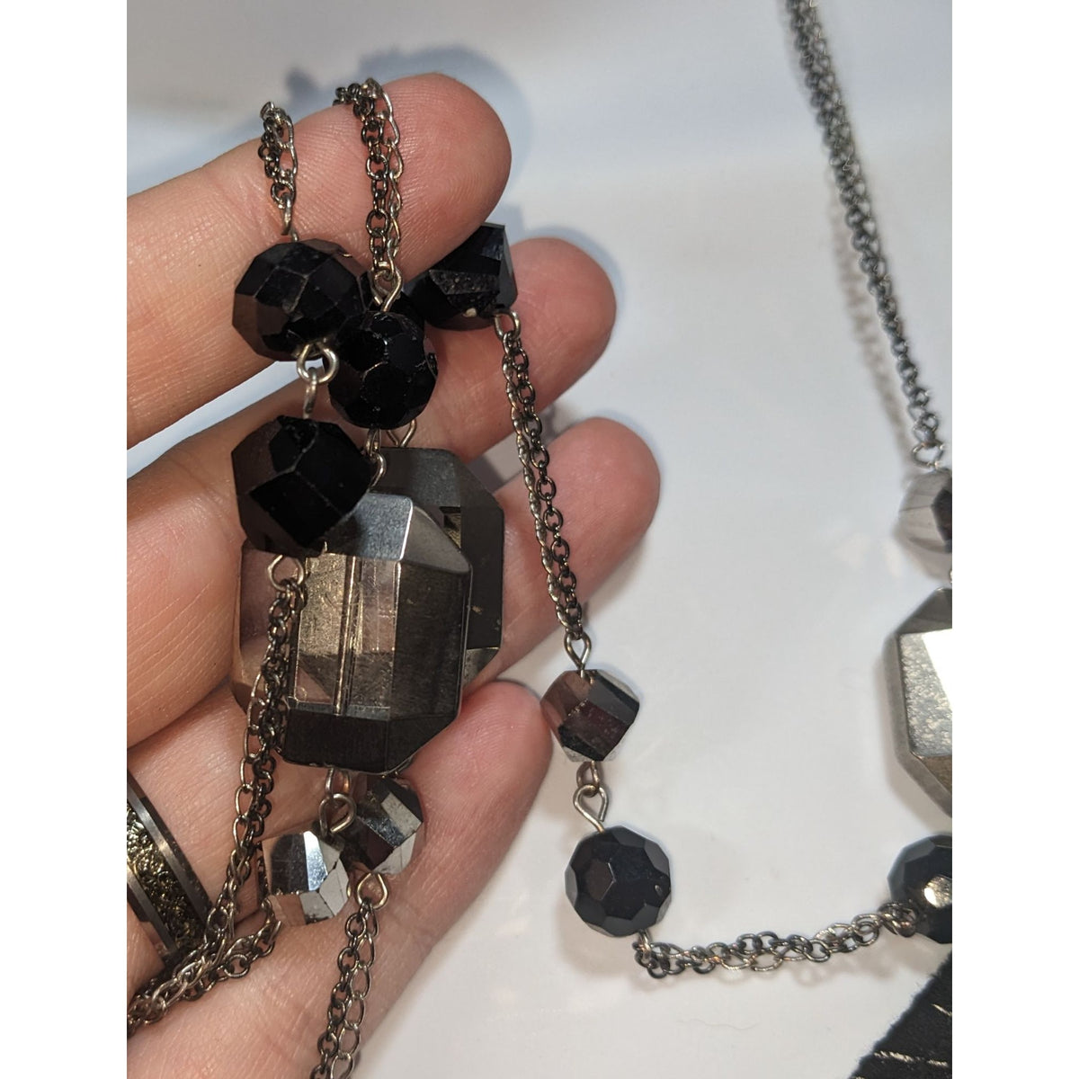 Ann Taylor Loft Gothic Glam Glass Black Smoky Gray Necklace 36 Inch