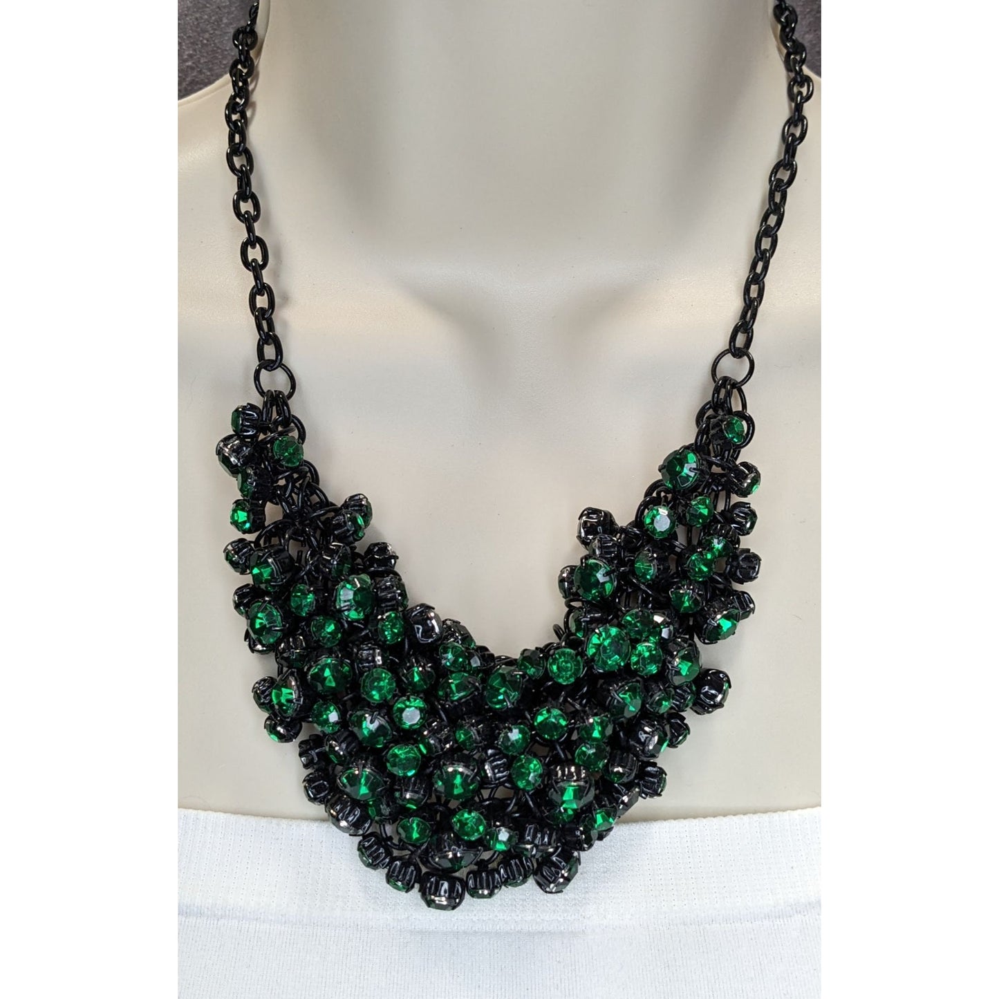 Black Green Crystal Bib Necklace Glass Gem Statement Necklace Glam Formal Jewelry