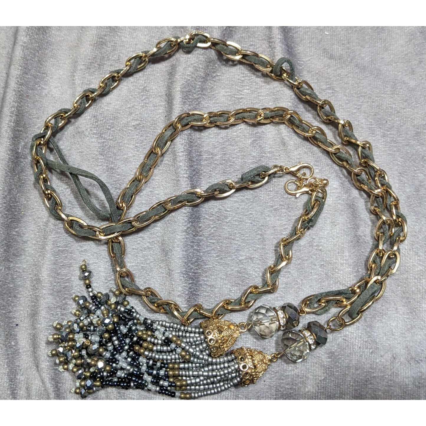Decorative Tassel Pendant Necklace With Gold-Tone Chain & Beaded Drops