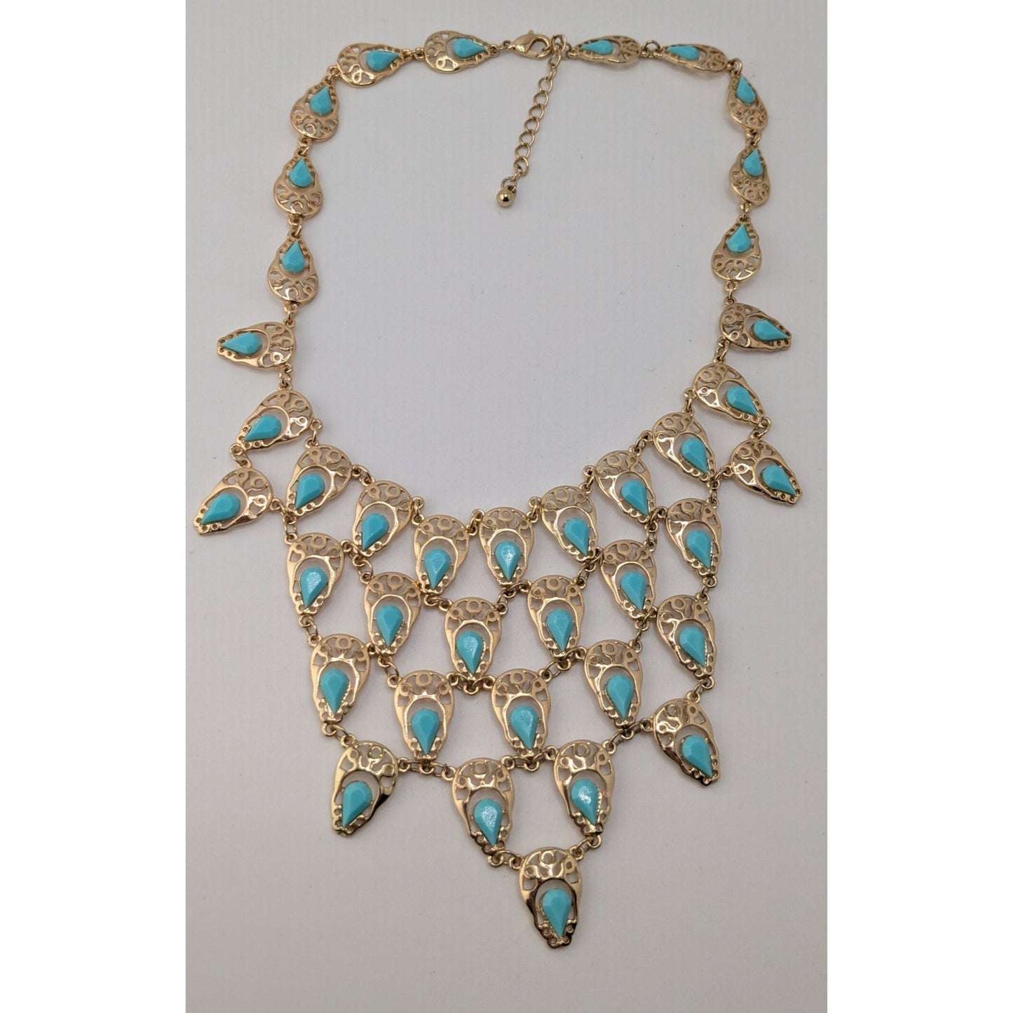Teardrop Statement Bib Necklace Faux Gems Turquoise Gold Tone Bohemian Jewelry