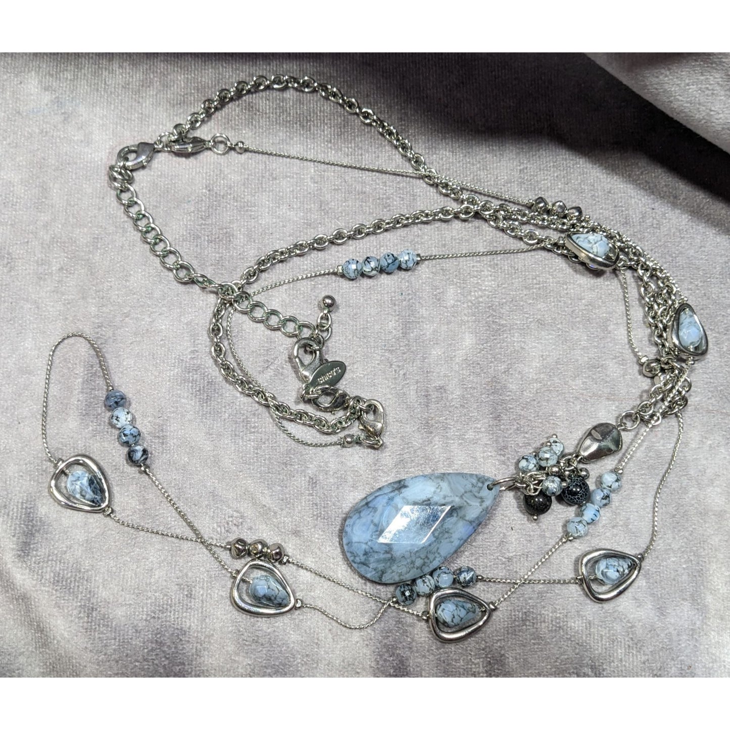 Chico's Blue Stone Teardrop And Charm Silver Tone Chain Necklace