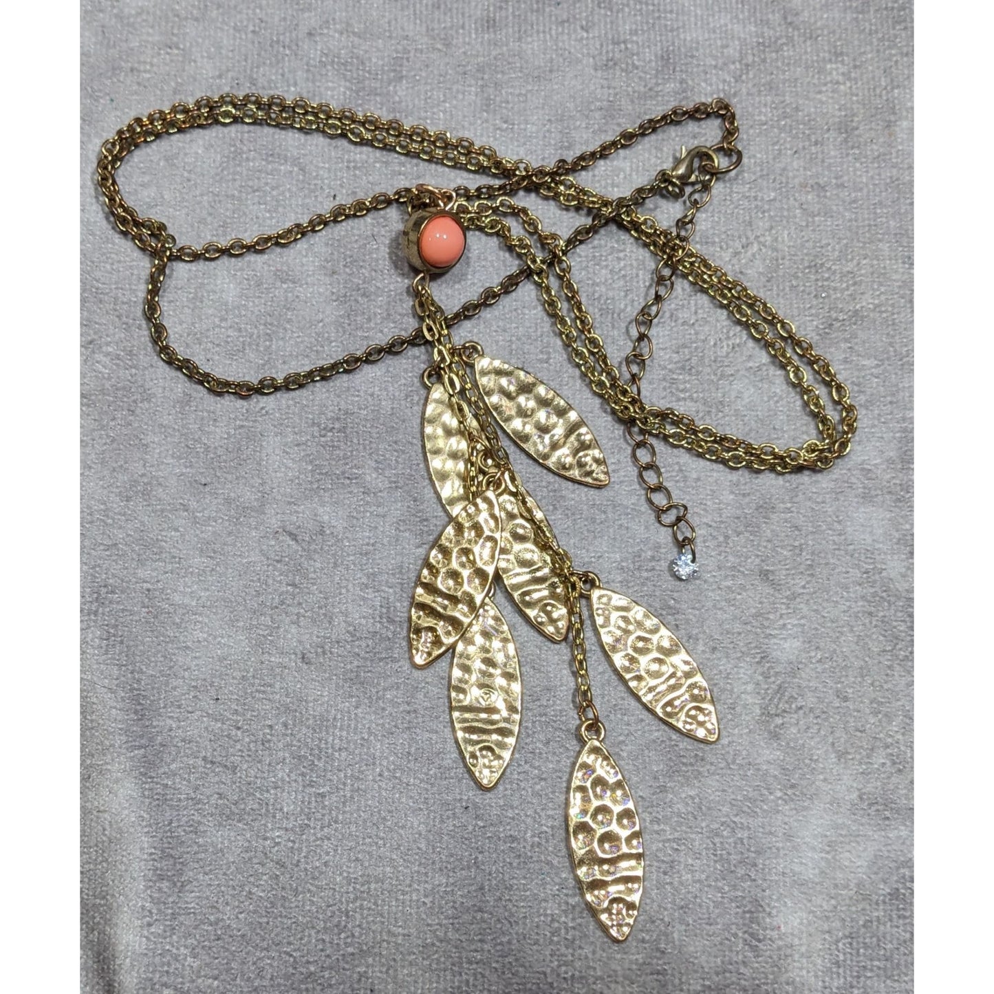 Bohemian Hammered Leaf Tassel Necklace Gold Tone With Orange Accent Bead