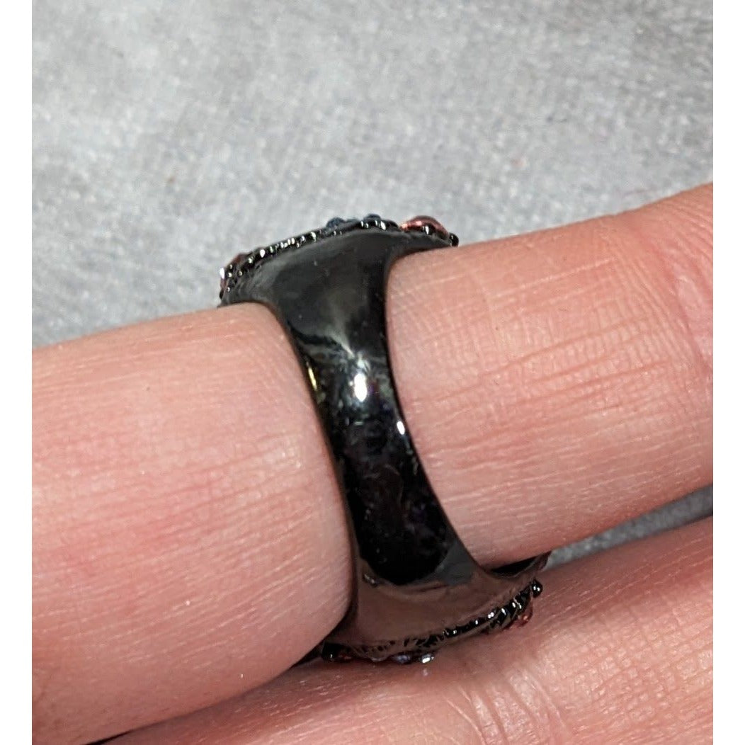 Pastel Goth Romantic Floral Enamel And Gemmed Ring Size 8 1/2
