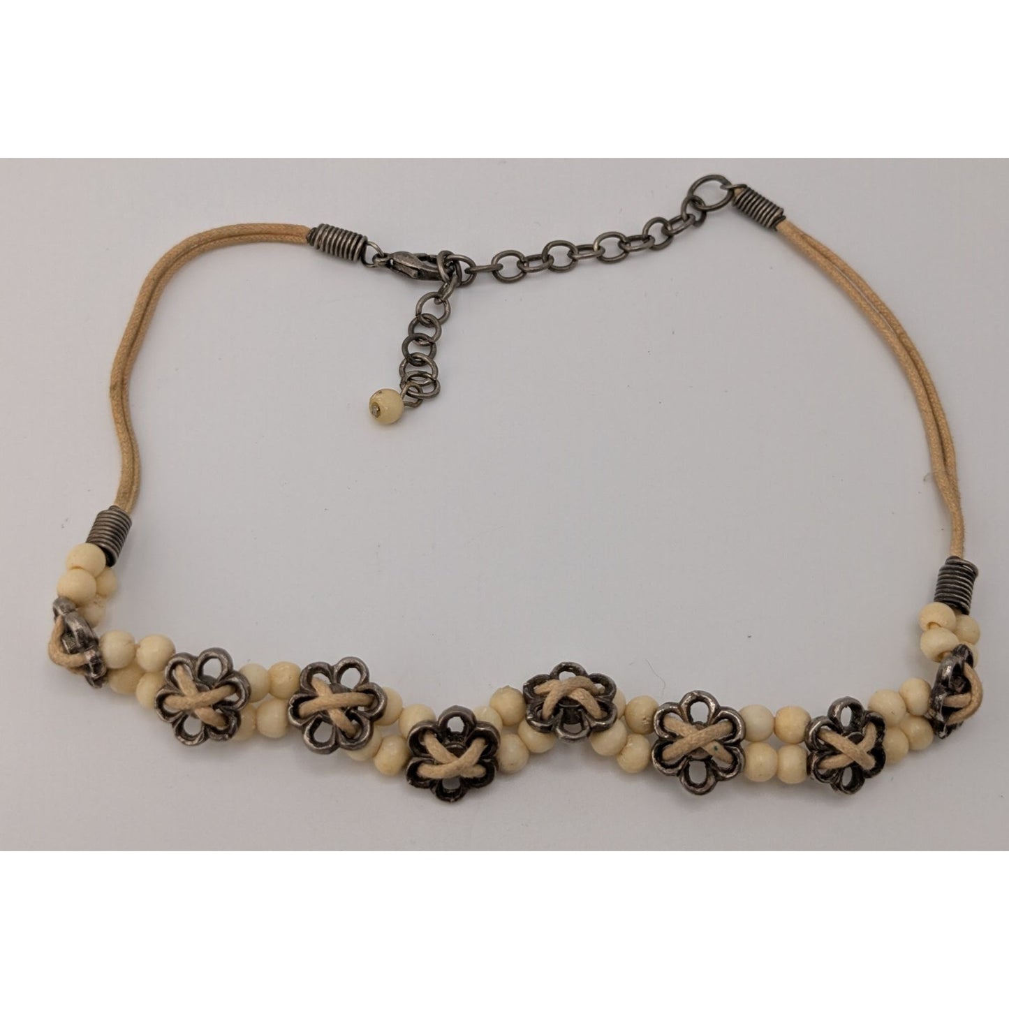 Vintage Floral Choker Necklace Metal Flowers Carved Cow Bone Beads Hippie Boho