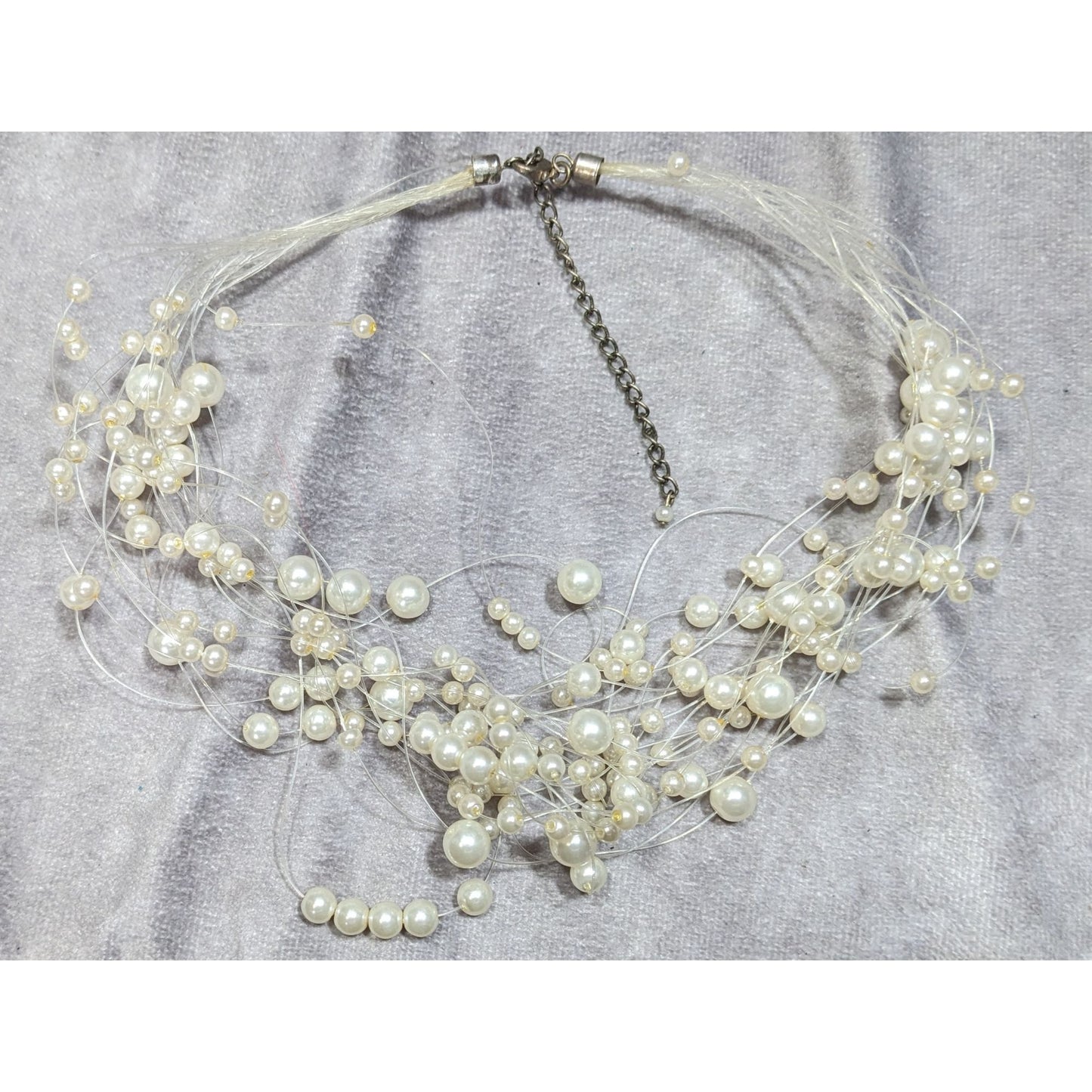 Vintage Glass Pearl White Multi-Strand Floating Necklace With Adjustable Chain