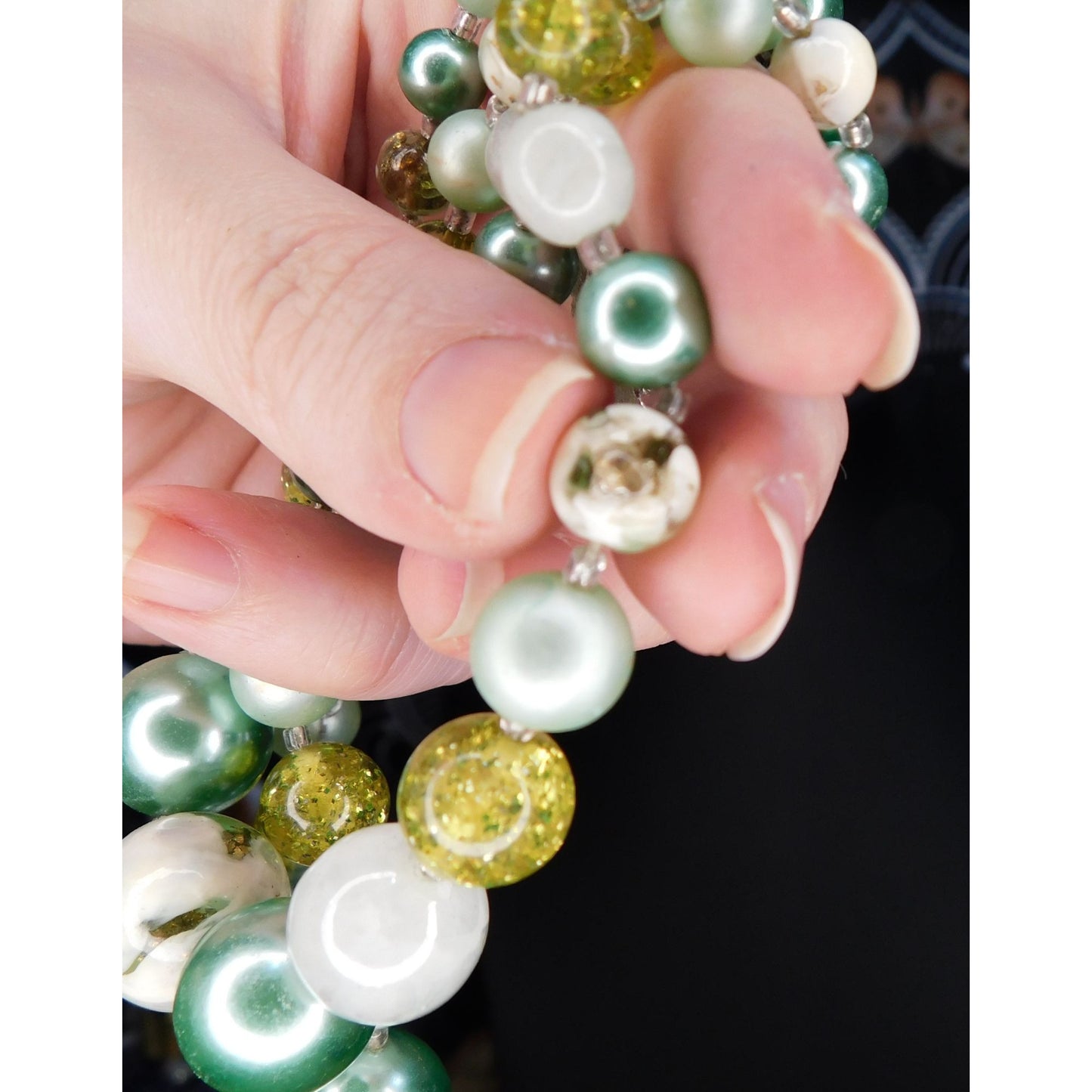 Vintage Green And White Chunky Beaded Layered Necklace