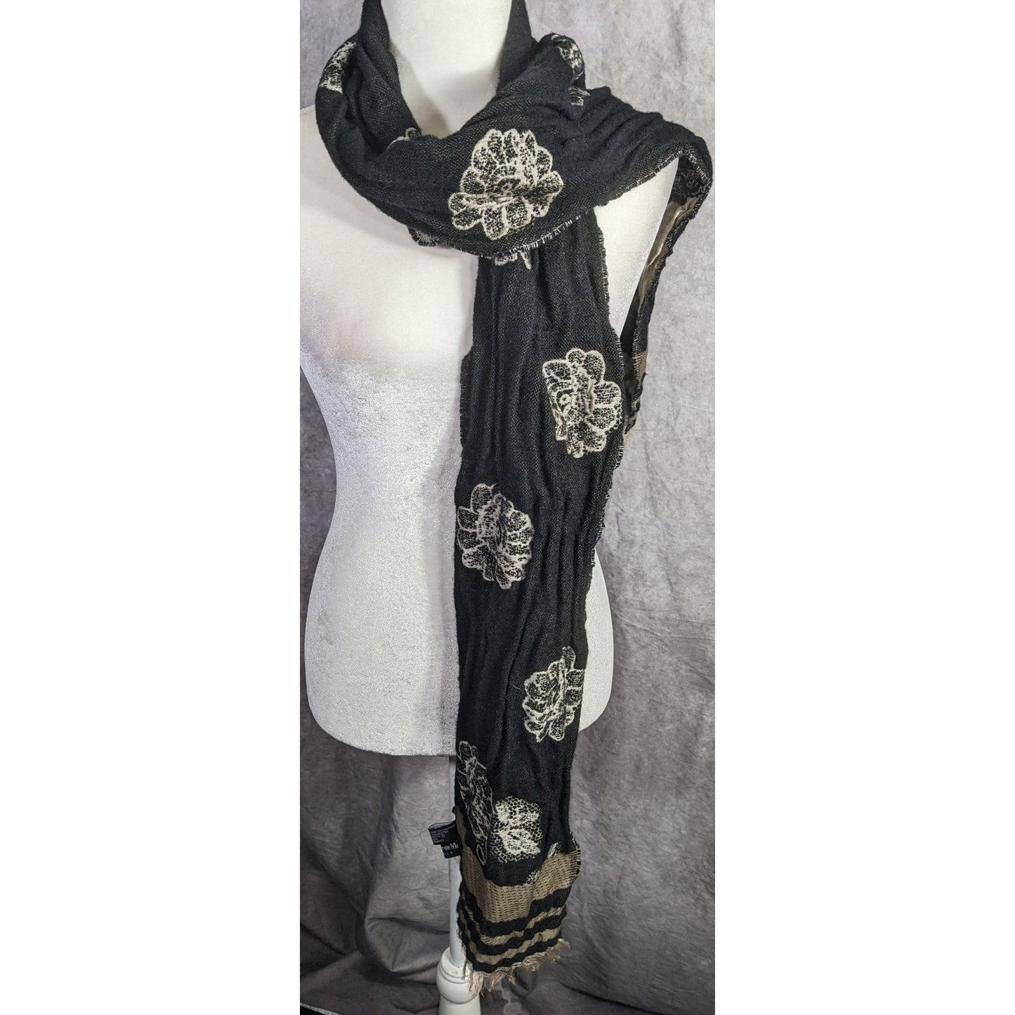 Vintage Guillaume De Mon Paris Black Floral Scarf Made In France 75" x 8"