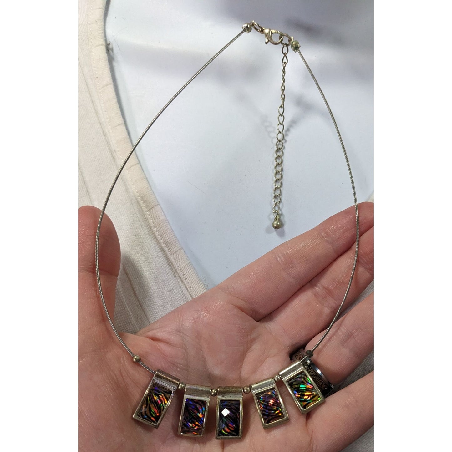Rainbow Holographic Tiger Stripe Silver Tone Charm Necklace