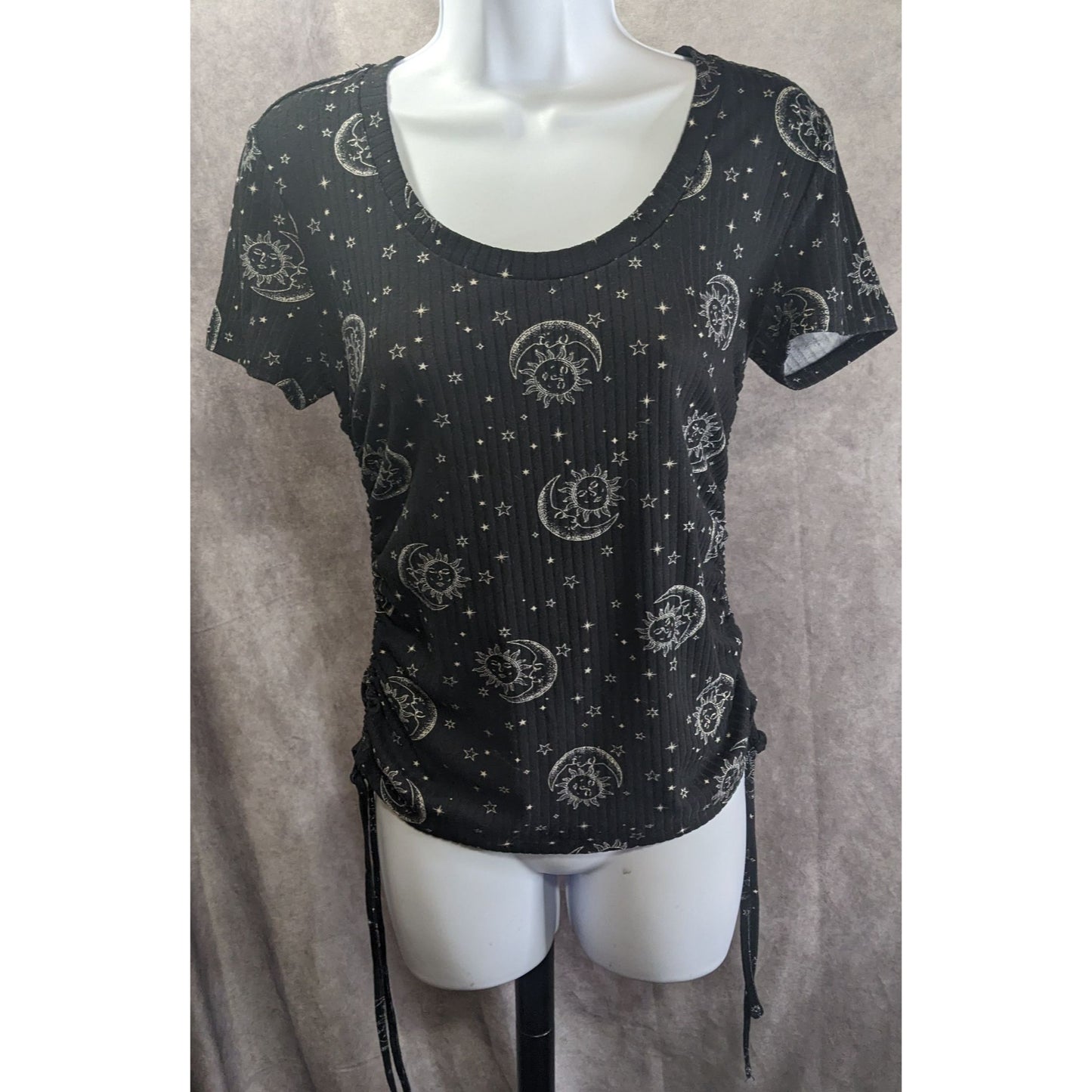Celestial Sun & Moon Print Black Ribbed Knit Top With Adjustable Side Drawstrings