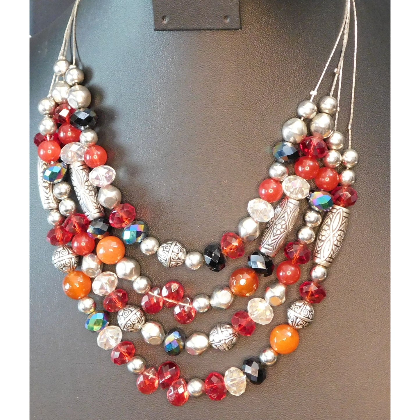 Multilayer Glass And Metal Beaded Layered Necklace