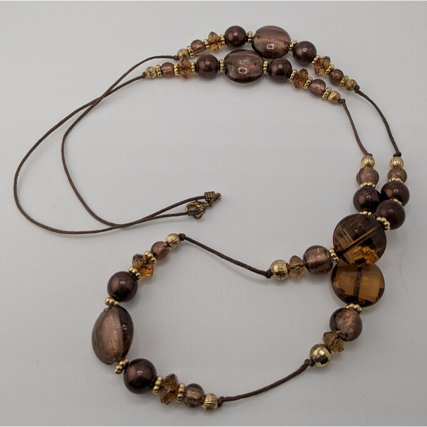 Vintage Bohemian Beaded Glass Station Necklace W/ Brown & Gold Tones