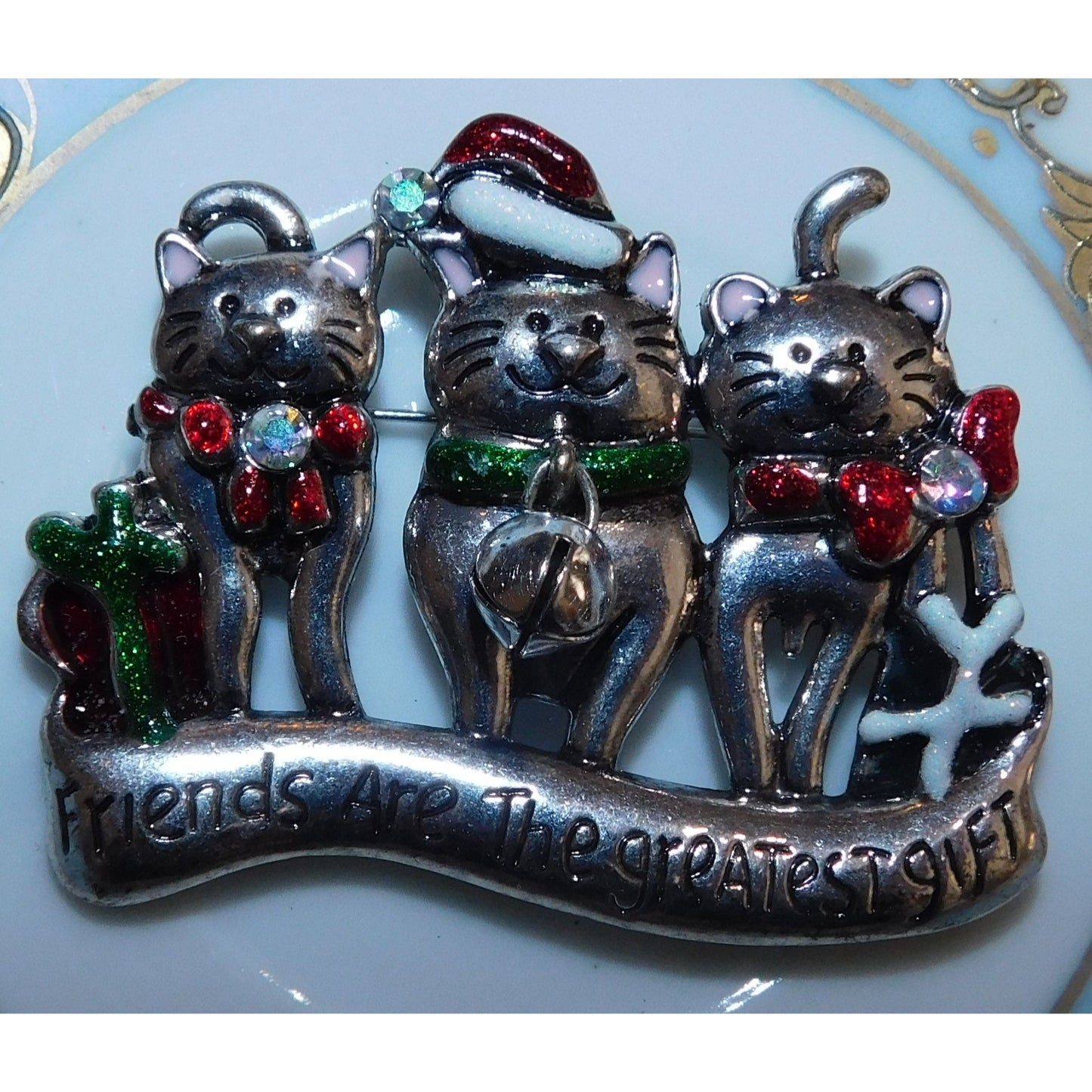 Vintage Holiday Cat Brooch "Friends Are The Greatest"