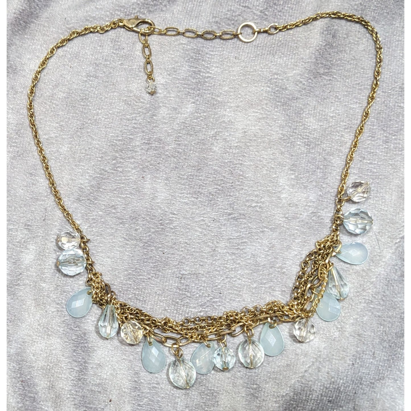 Teardrop White And Clear Gemmed Fringe Necklace On Gold Tone Chain