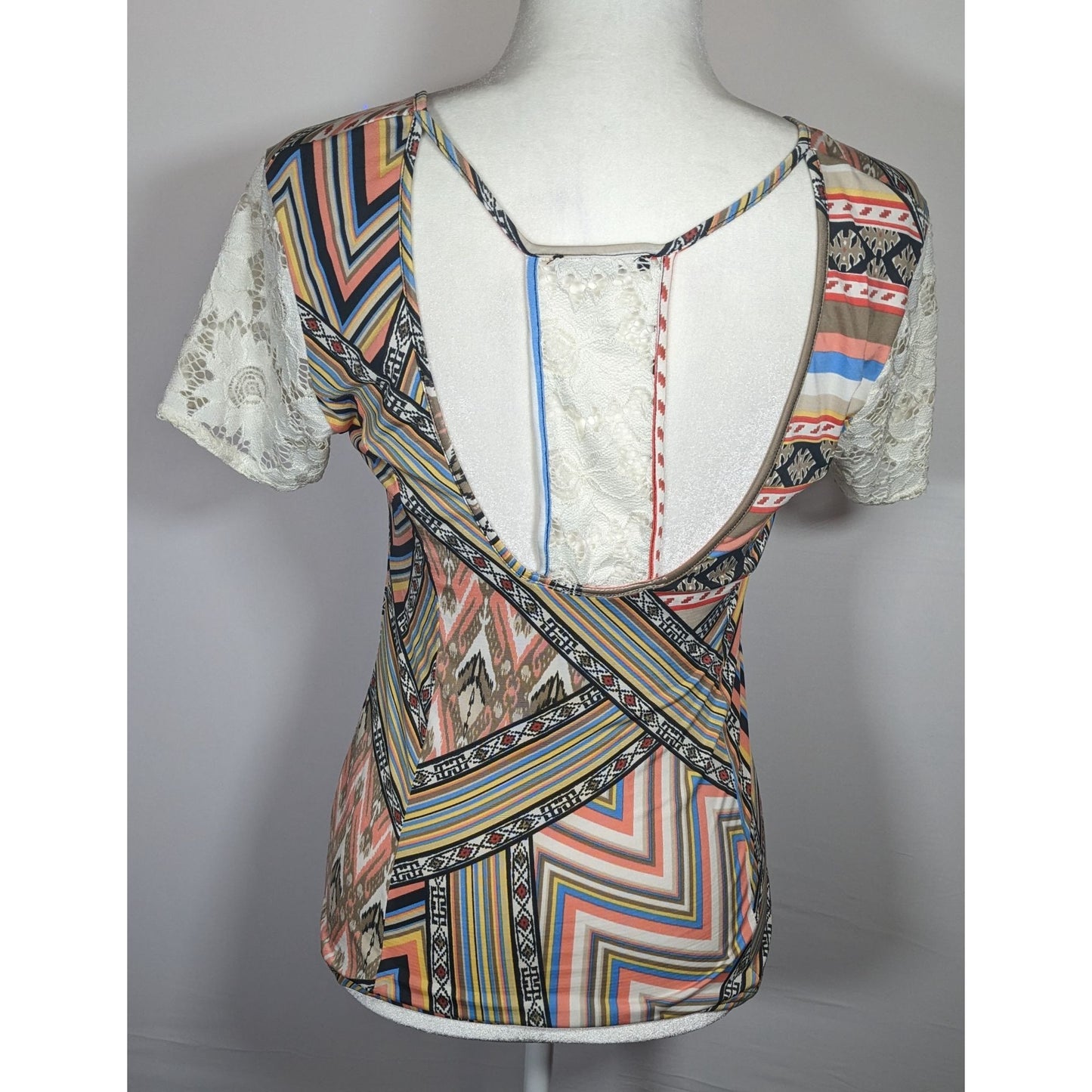 Mary Cool Paris Rainbow Geometric Lace Back Top