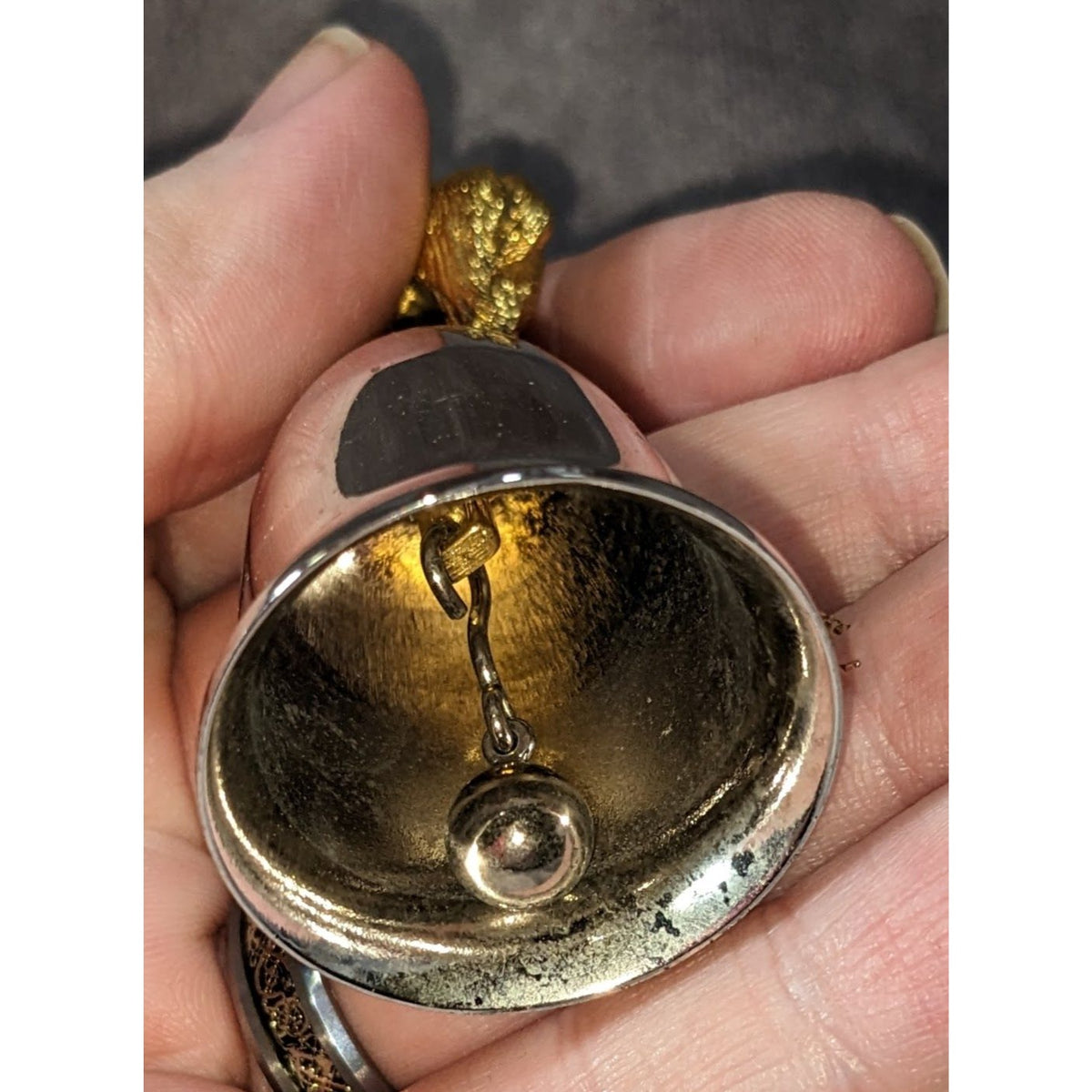 Vintage Christmas Reindeer Gold Tone Silver Bell Ornament 2 3/4 Inch