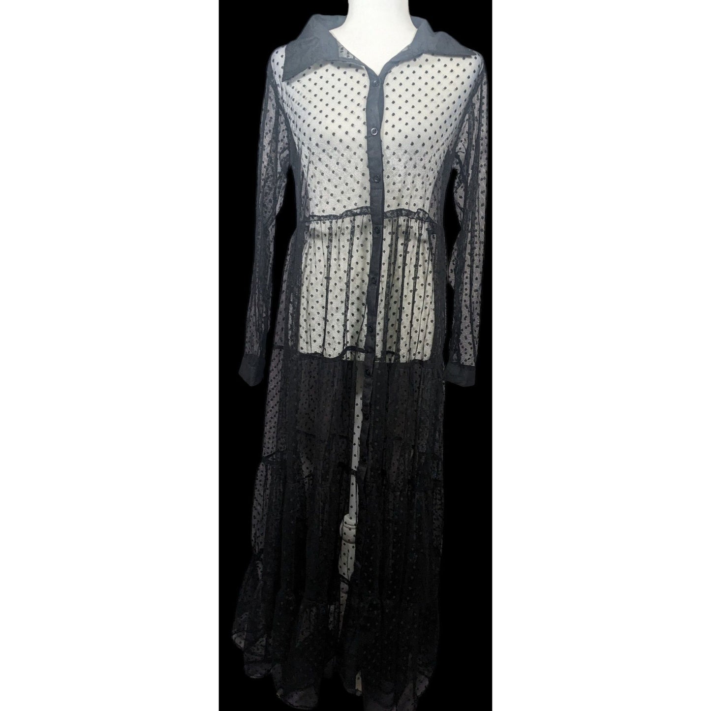 Vintage Spoon Jeans Sheer Black Polka Dot Maxi Dress