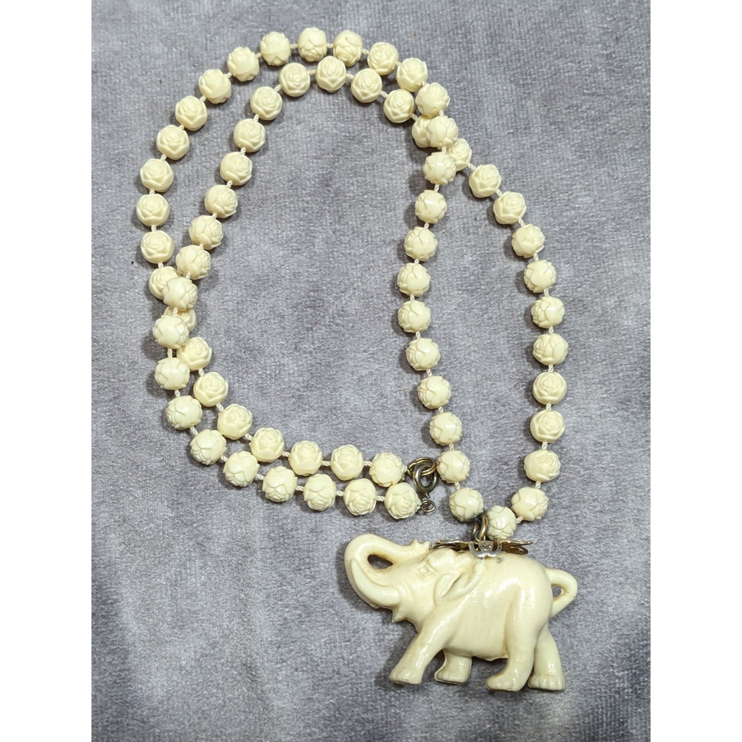 Vintage 60s Celluloid Elephant Pendant Necklace With Flower Beads