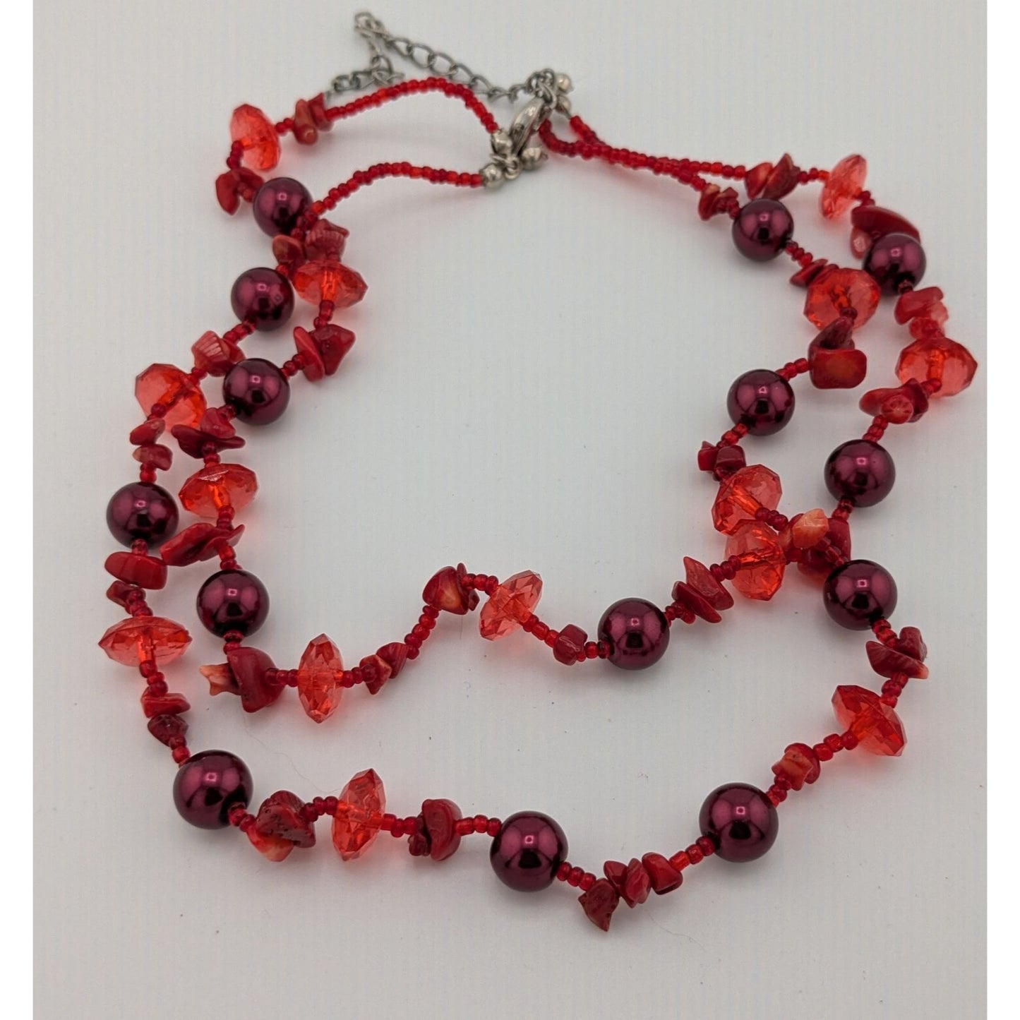 Vintage Red Beaded Glass Shell And Pearl Beaded Necklace